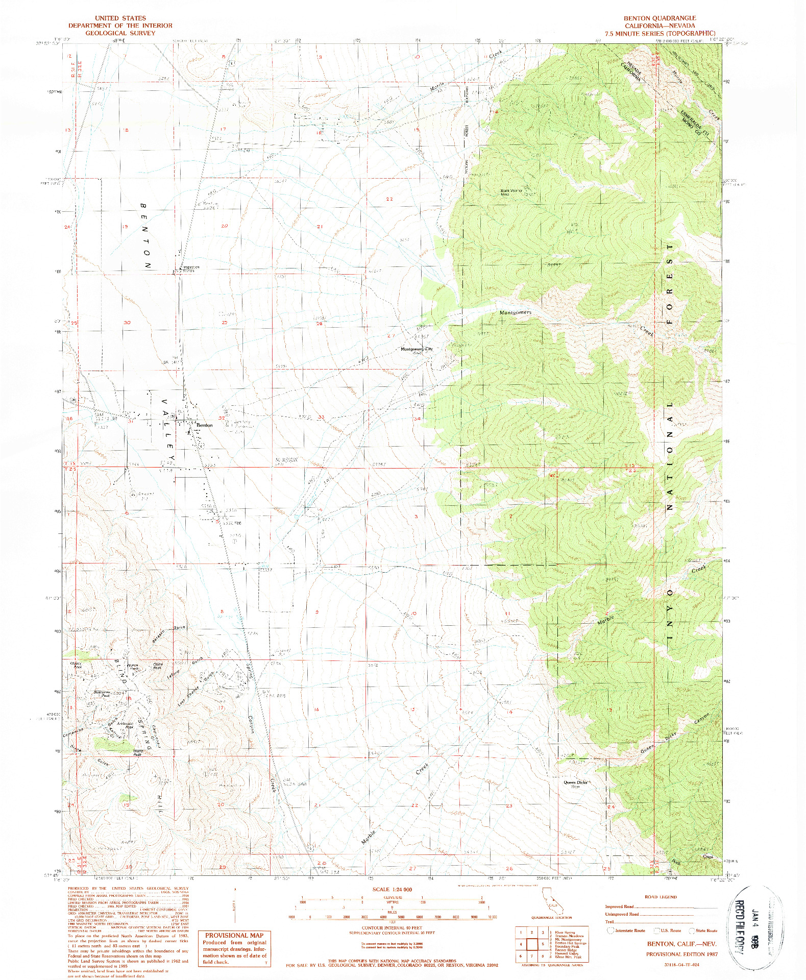 USGS 1:24000-SCALE QUADRANGLE FOR BENTON, CA 1987