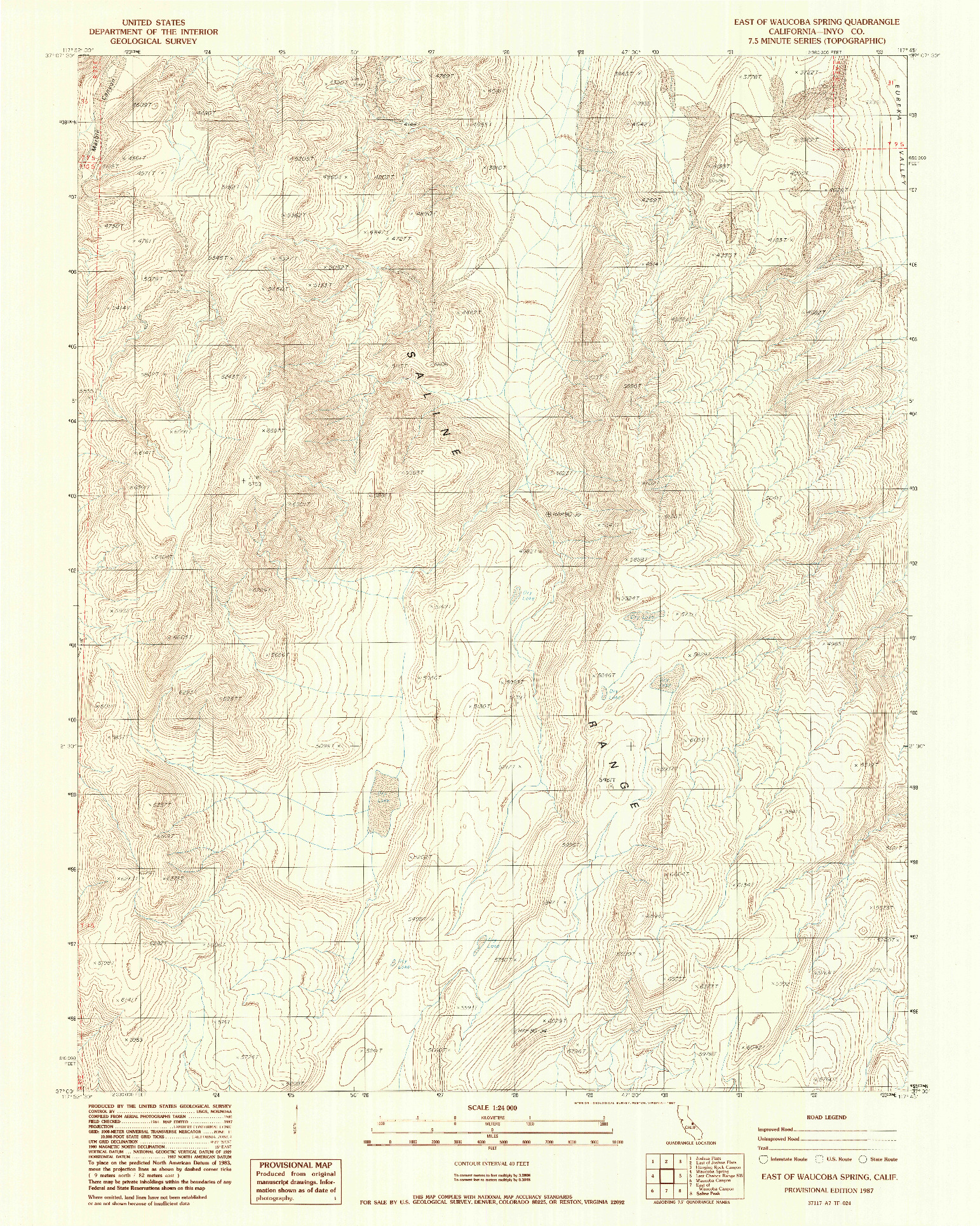 USGS 1:24000-SCALE QUADRANGLE FOR EAST OF WAUCOBA SPRING, CA 1987