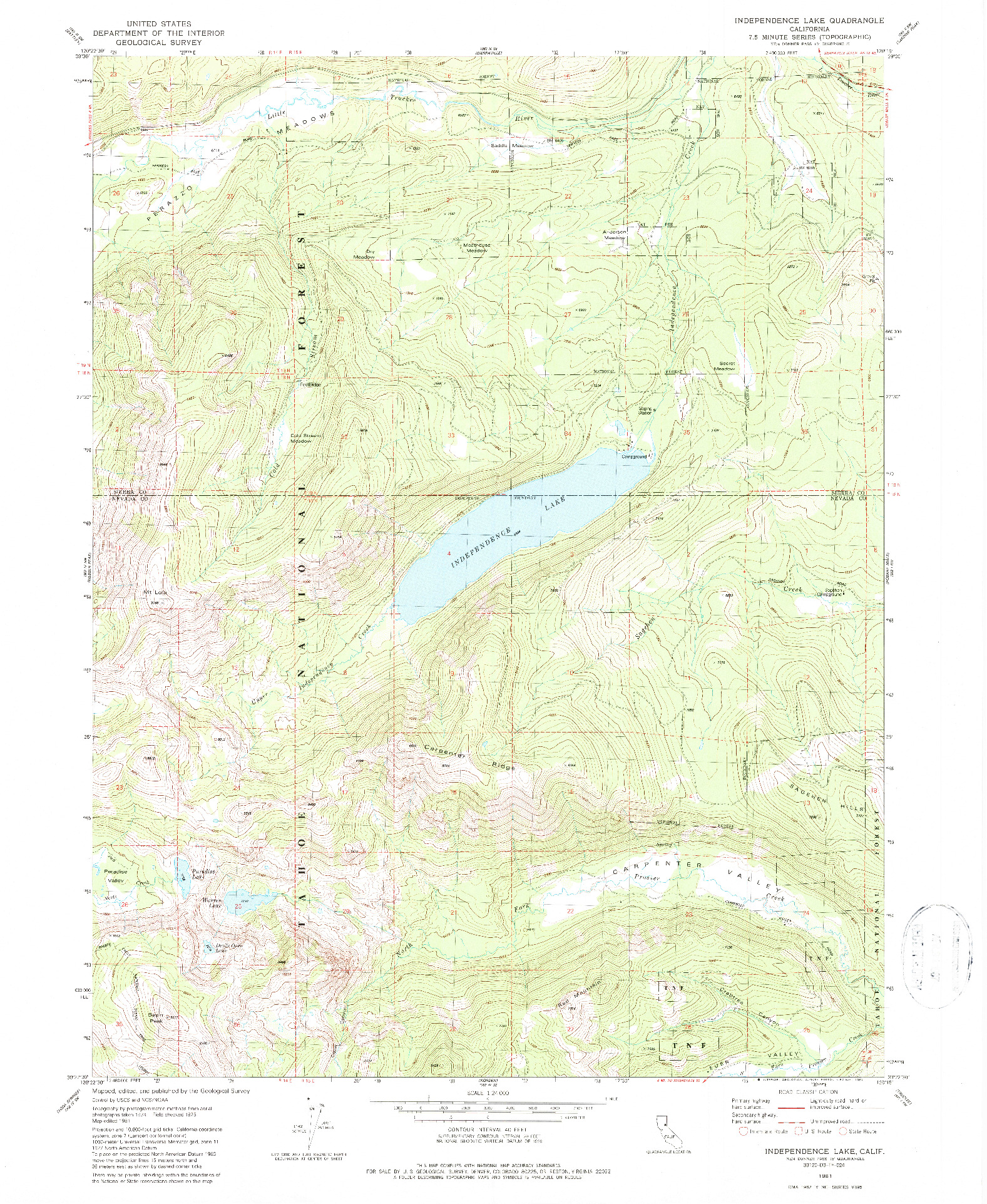 USGS 1:24000-SCALE QUADRANGLE FOR INDEPENDENCE LAKE, CA 1981
