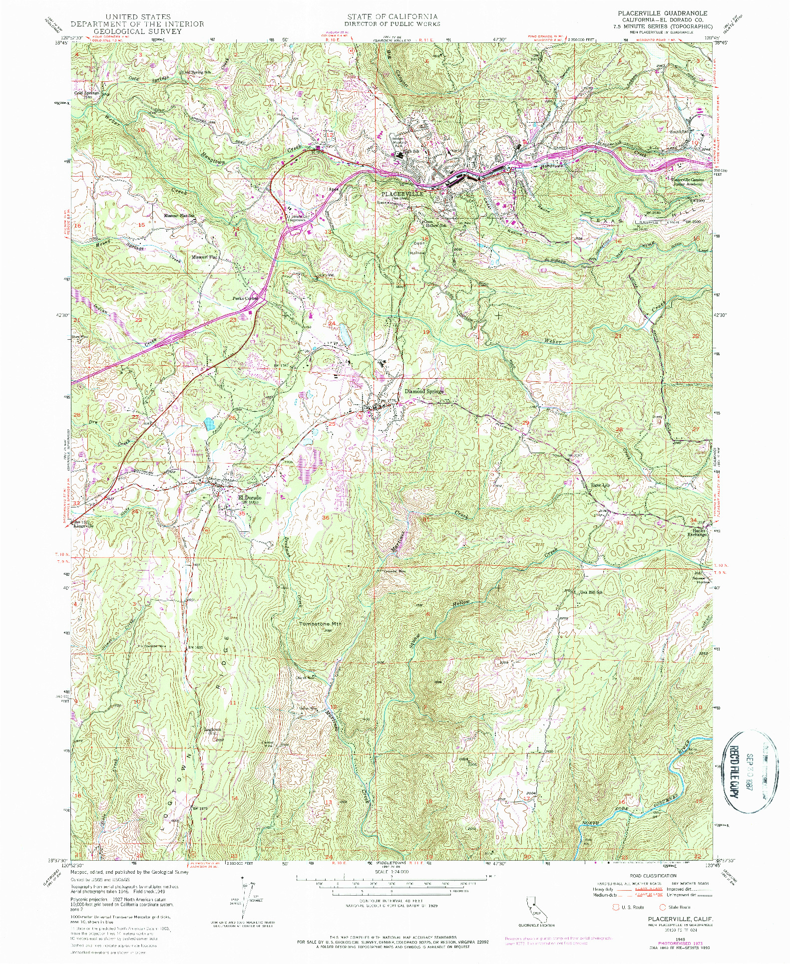 USGS 1:24000-SCALE QUADRANGLE FOR PLACERVILLE, CA 1949