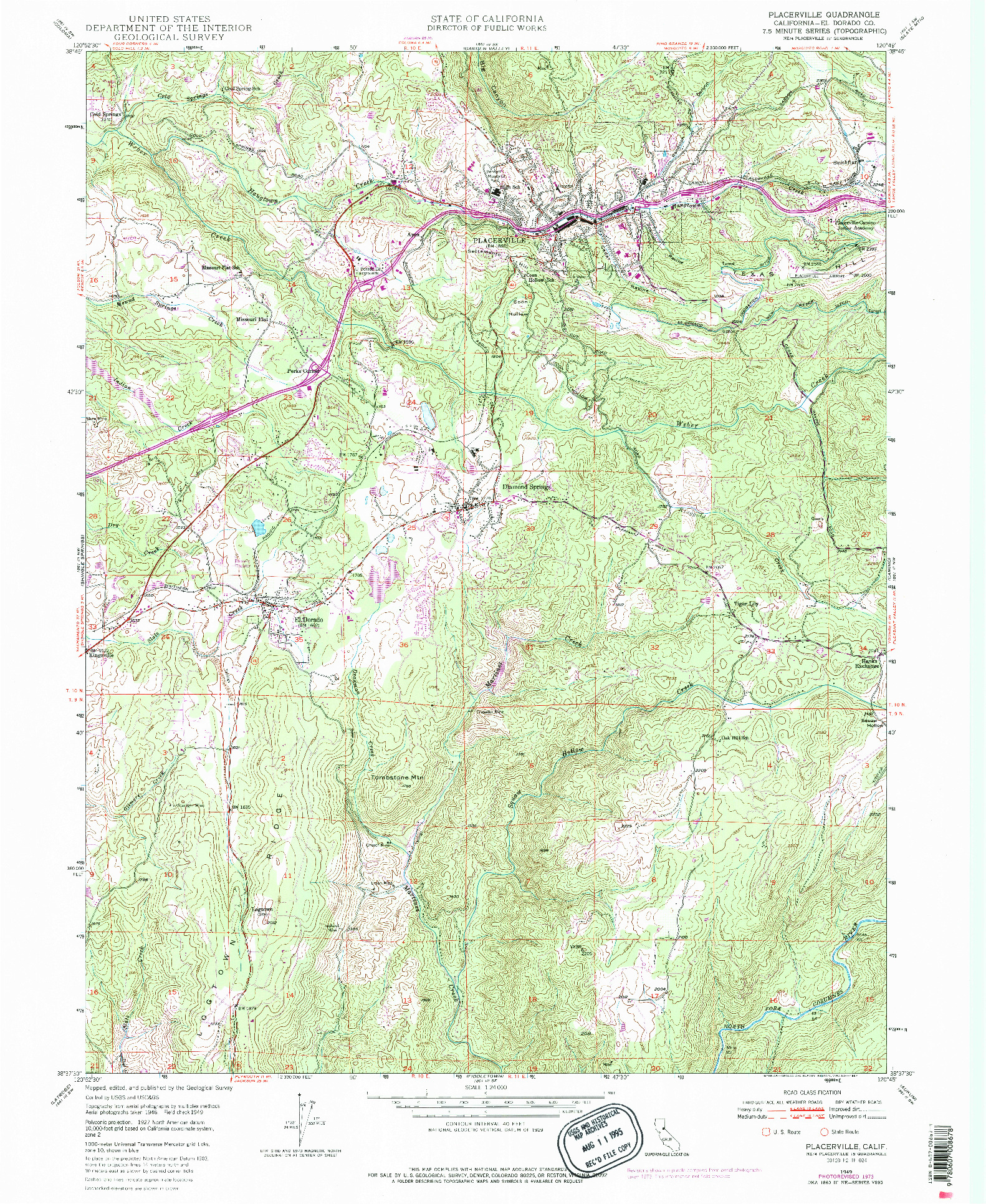 USGS 1:24000-SCALE QUADRANGLE FOR PLACERVILLE, CA 1949