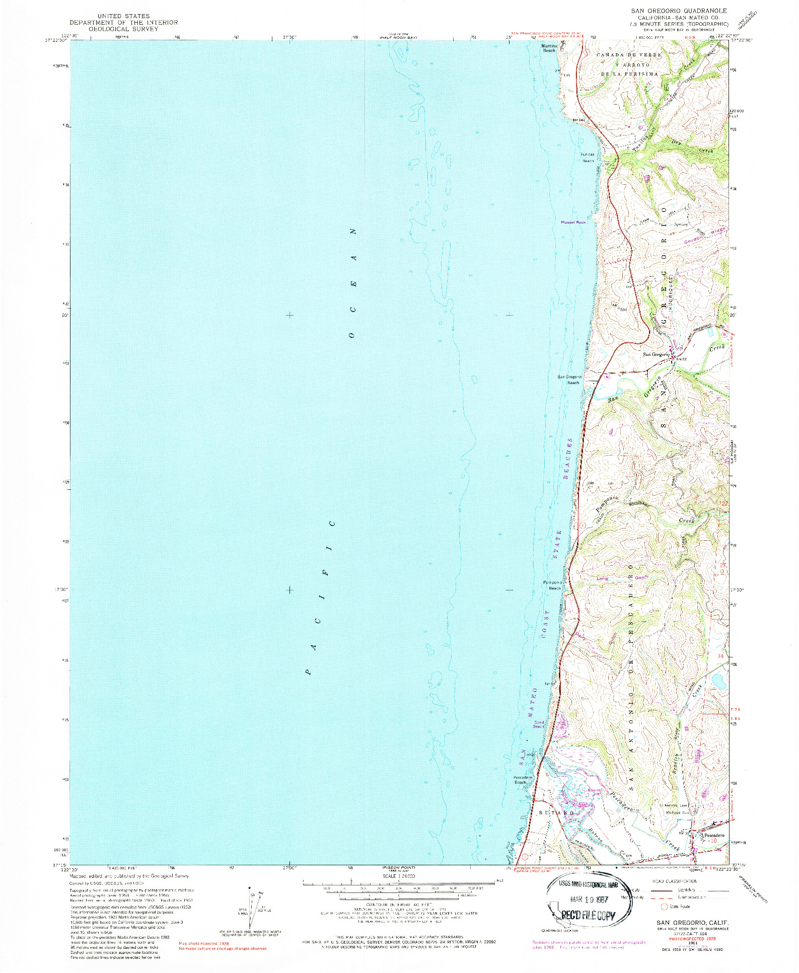 USGS 1:24000-SCALE QUADRANGLE FOR SAN GREGORIO, CA 1961