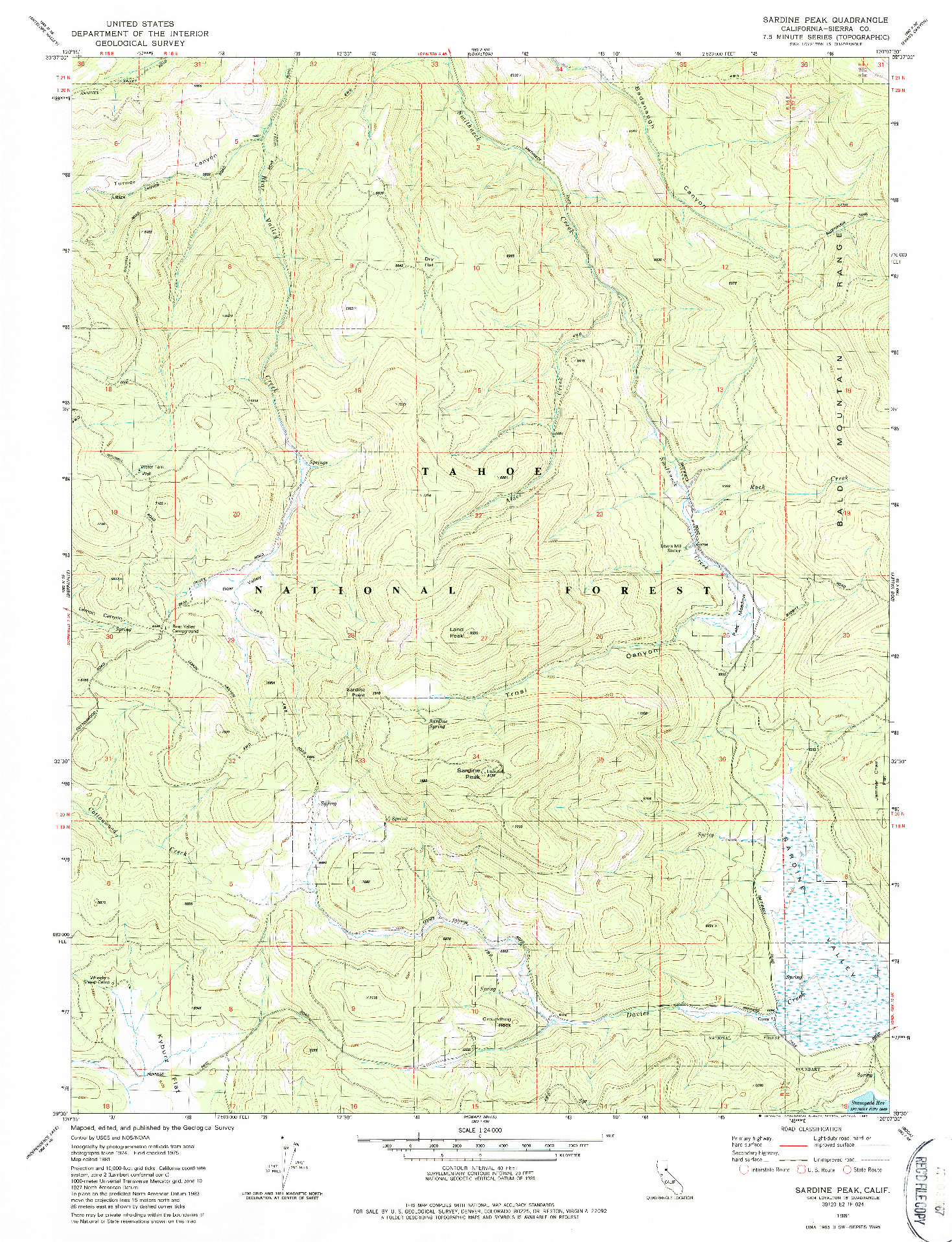 USGS 1:24000-SCALE QUADRANGLE FOR SARDINE PEAK, CA 1981