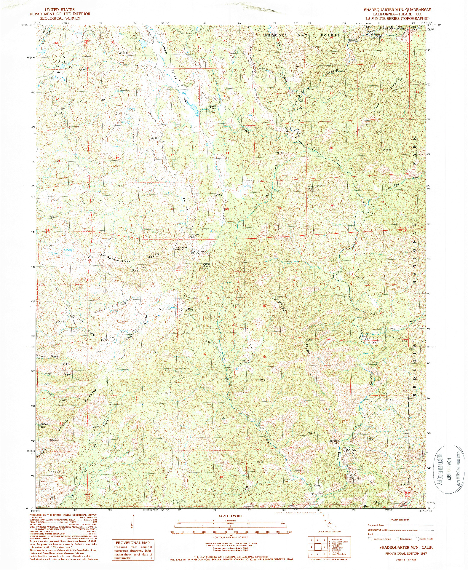 USGS 1:24000-SCALE QUADRANGLE FOR SHADEQUARTER MTN, CA 1987