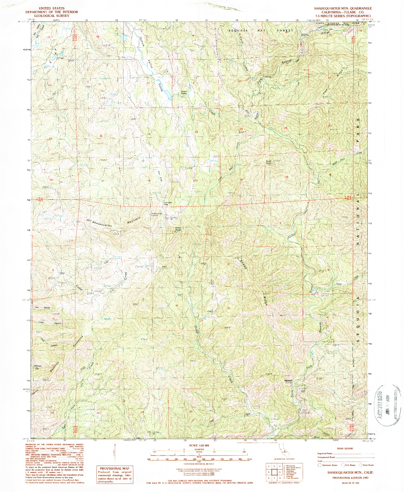 USGS 1:24000-SCALE QUADRANGLE FOR SHADEQUARTER MTN, CA 1987