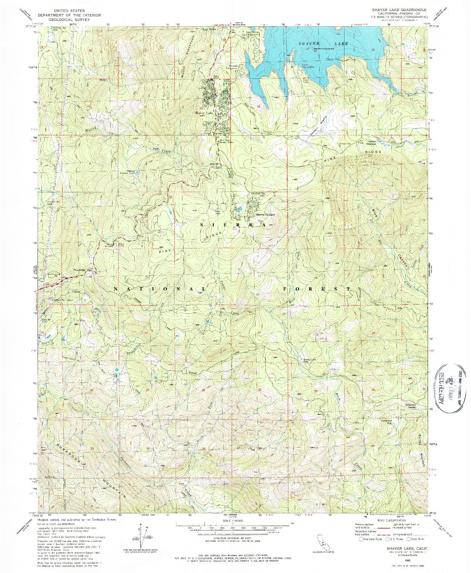 USGS 1:24000-SCALE QUADRANGLE FOR SHAVER LAKE, CA 1982