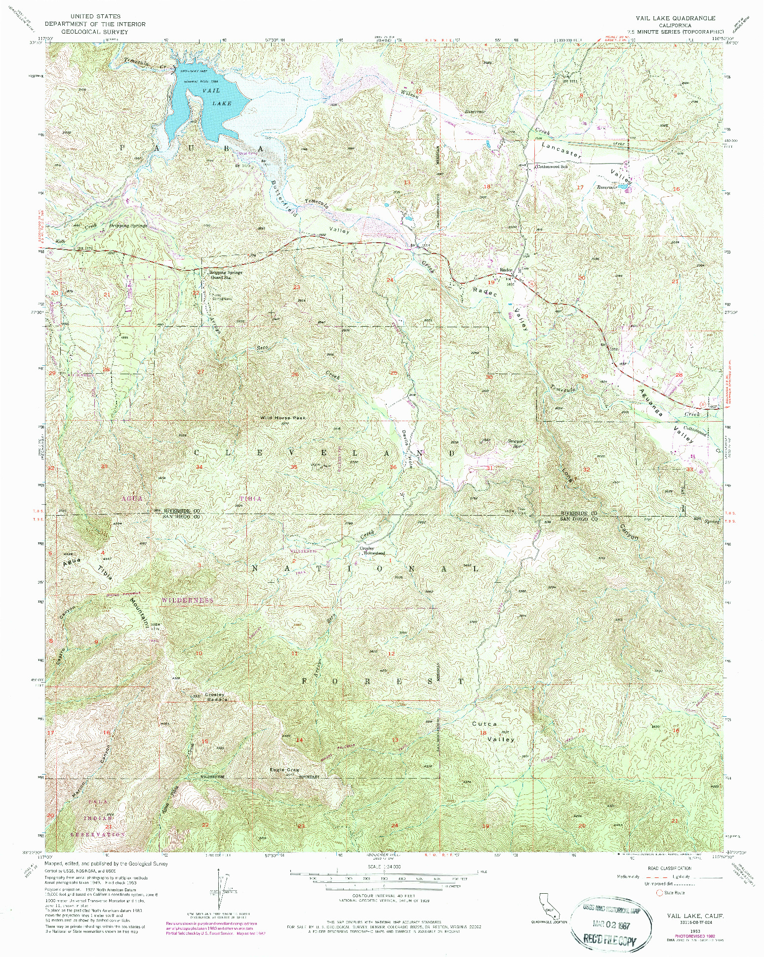 USGS 1:24000-SCALE QUADRANGLE FOR VAIL LAKE, CA 1953