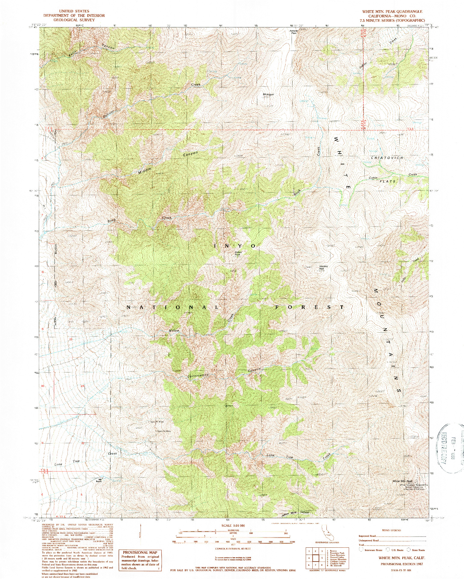 USGS 1:24000-SCALE QUADRANGLE FOR WHITE MTN. PEAK, CA 1987