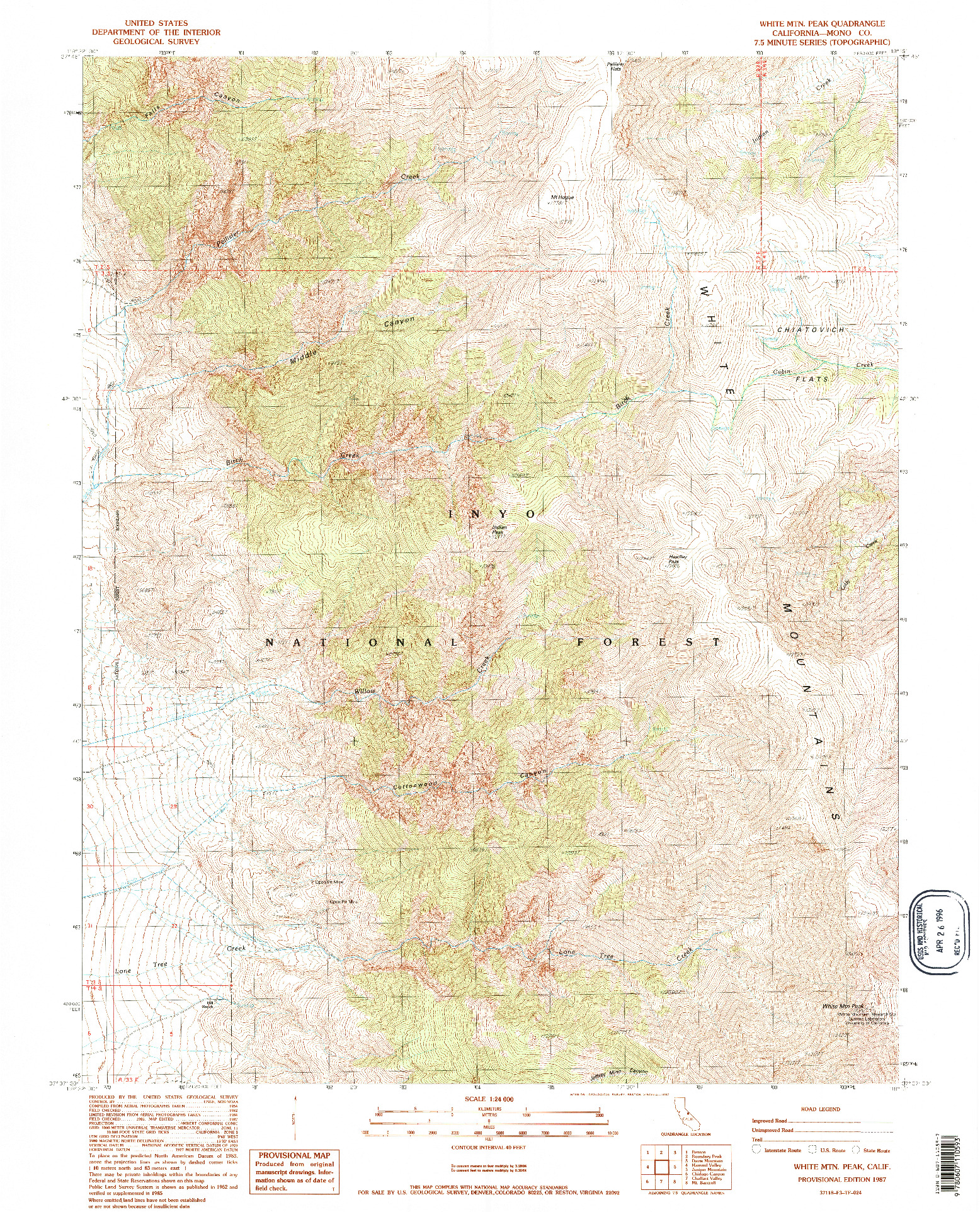 USGS 1:24000-SCALE QUADRANGLE FOR WHITE MTN. PEAK, CA 1987