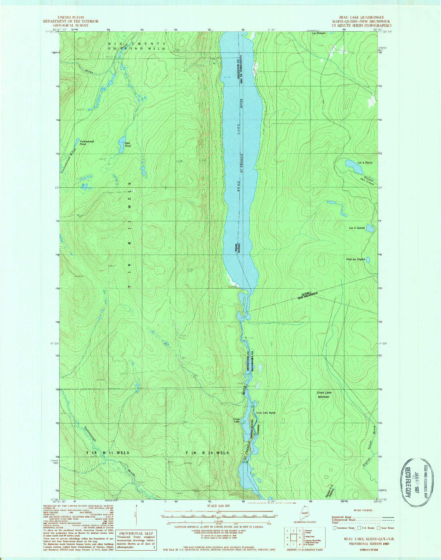 USGS 1:24000-SCALE QUADRANGLE FOR BEAU LAKE, ME 1987