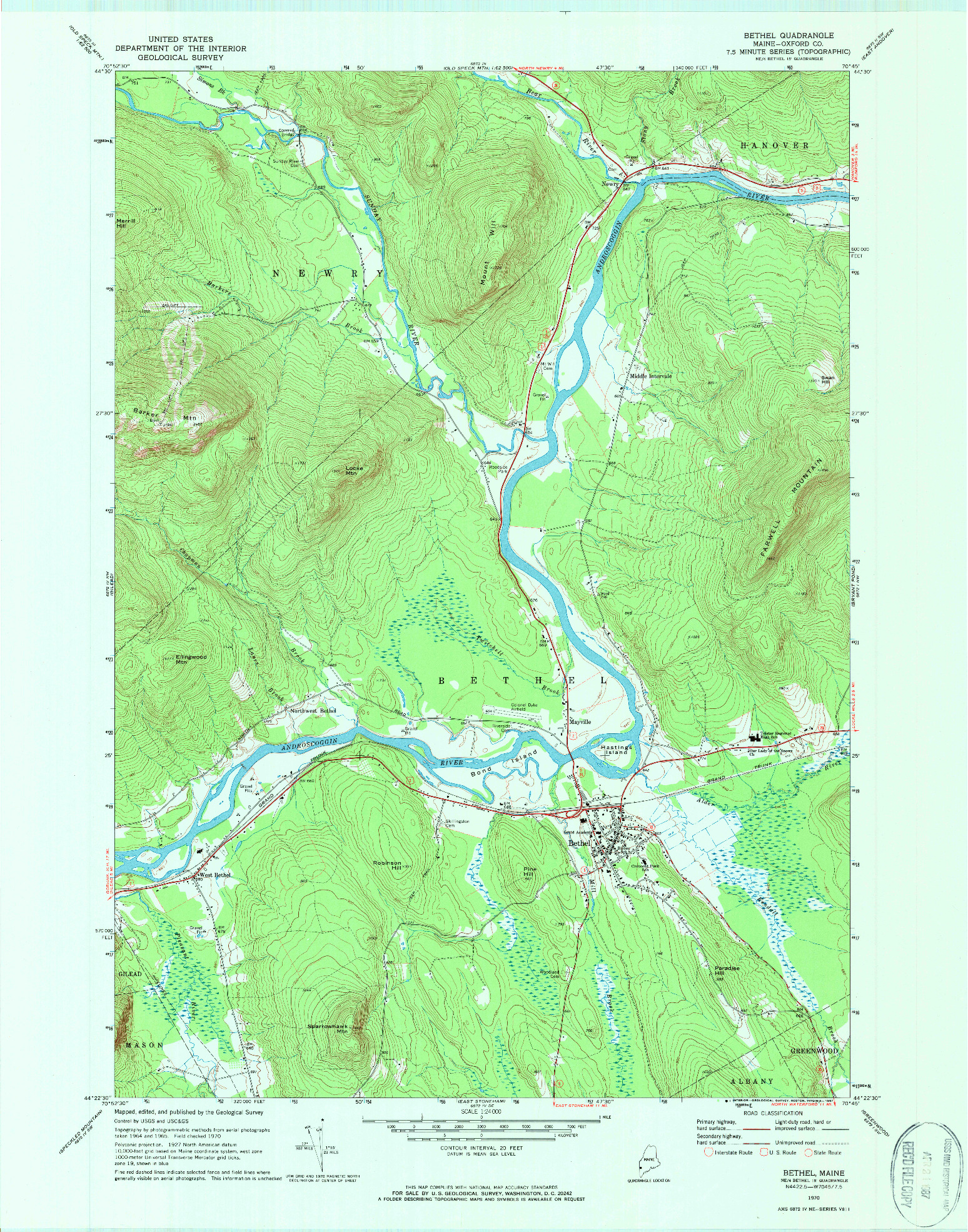 USGS 1:24000-SCALE QUADRANGLE FOR BETHEL, ME 1970