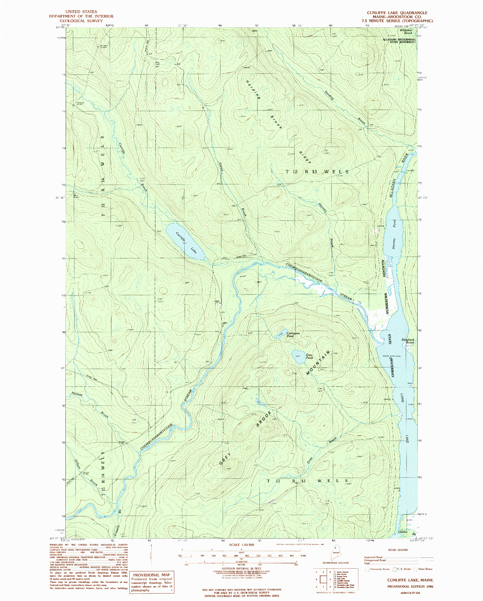 USGS 1:24000-SCALE QUADRANGLE FOR CUNLIFFE LAKE, ME 1986