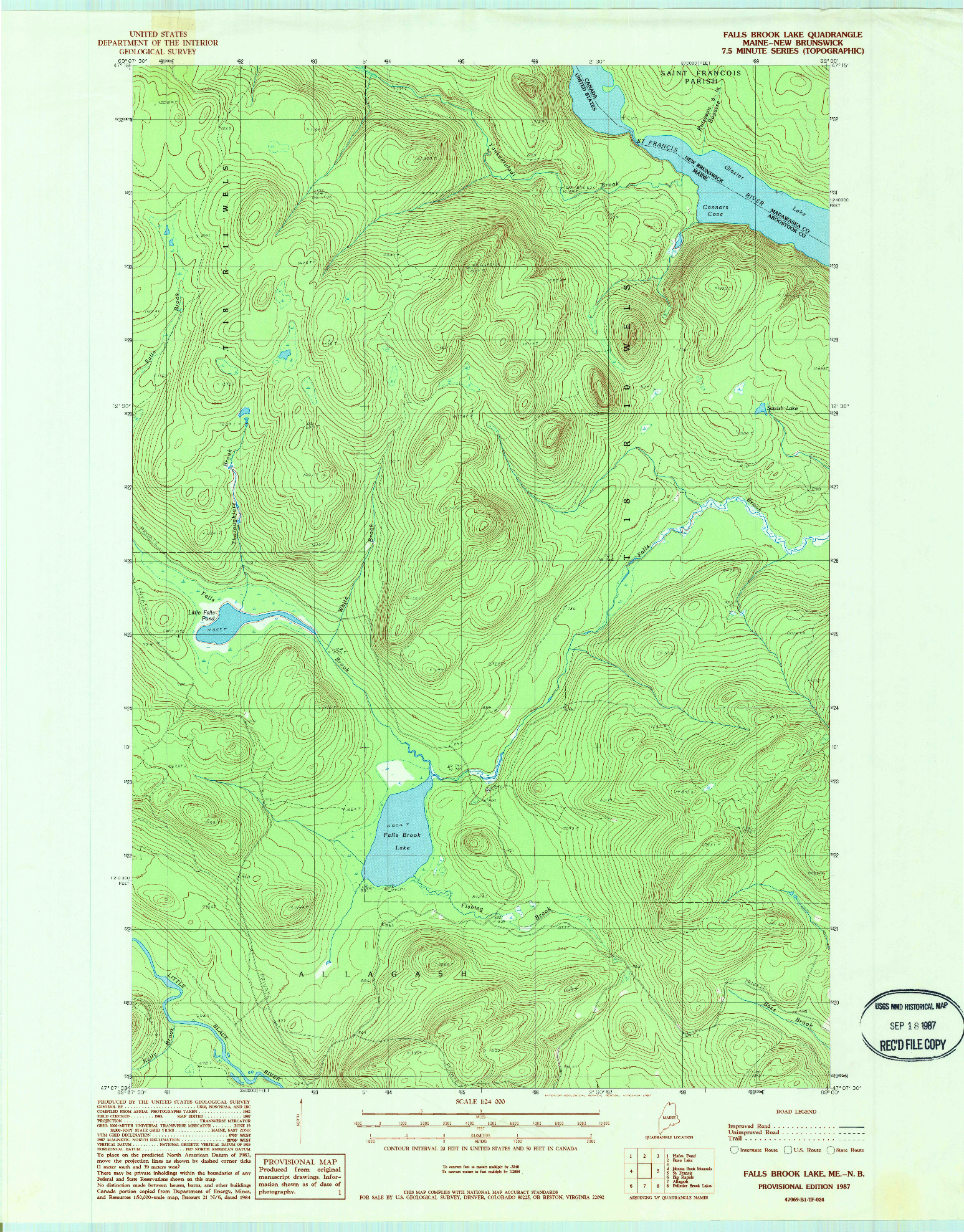 USGS 1:24000-SCALE QUADRANGLE FOR FALLS BROOK LAKE, ME 1987