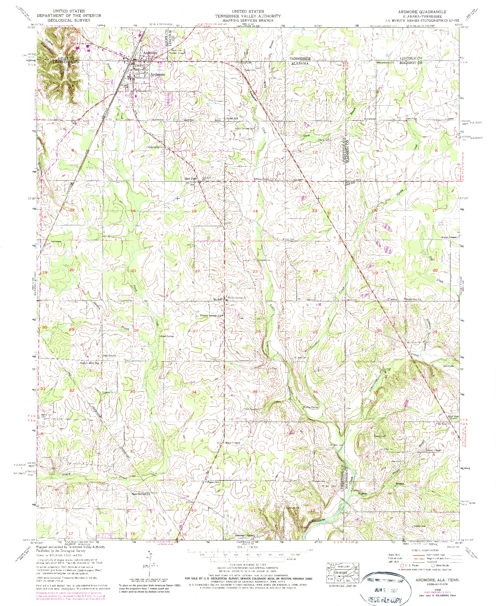 USGS 1:24000-SCALE QUADRANGLE FOR ARDMORE, AL 1958