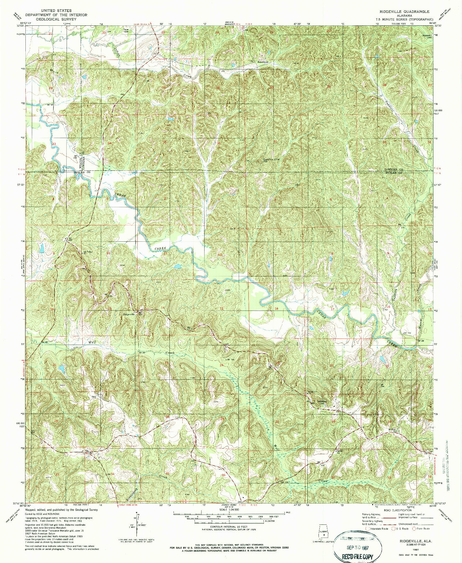 USGS 1:24000-SCALE QUADRANGLE FOR RIDGEVILLE, AL 1981