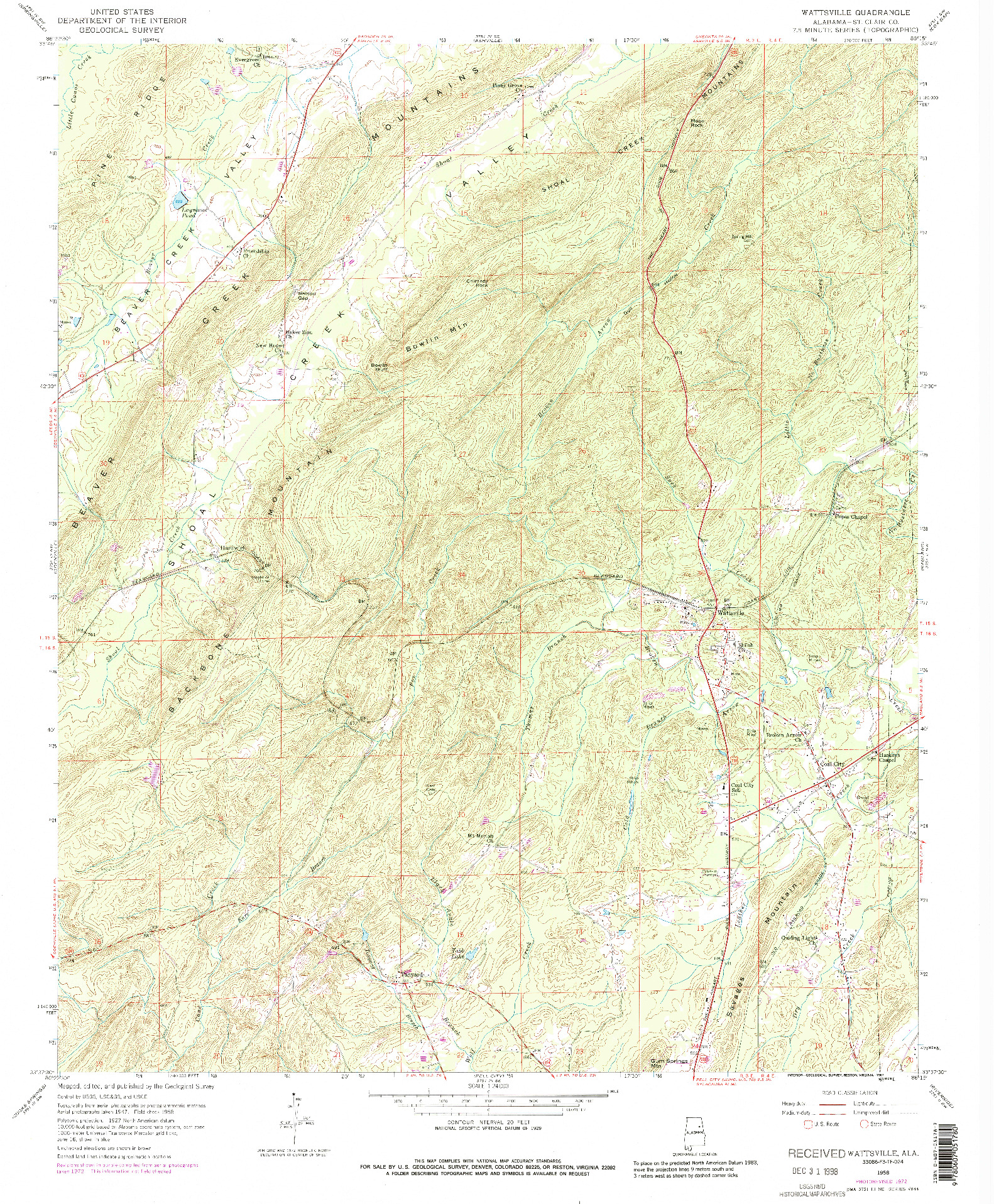 USGS 1:24000-SCALE QUADRANGLE FOR WATTSVILLE, AL 1958