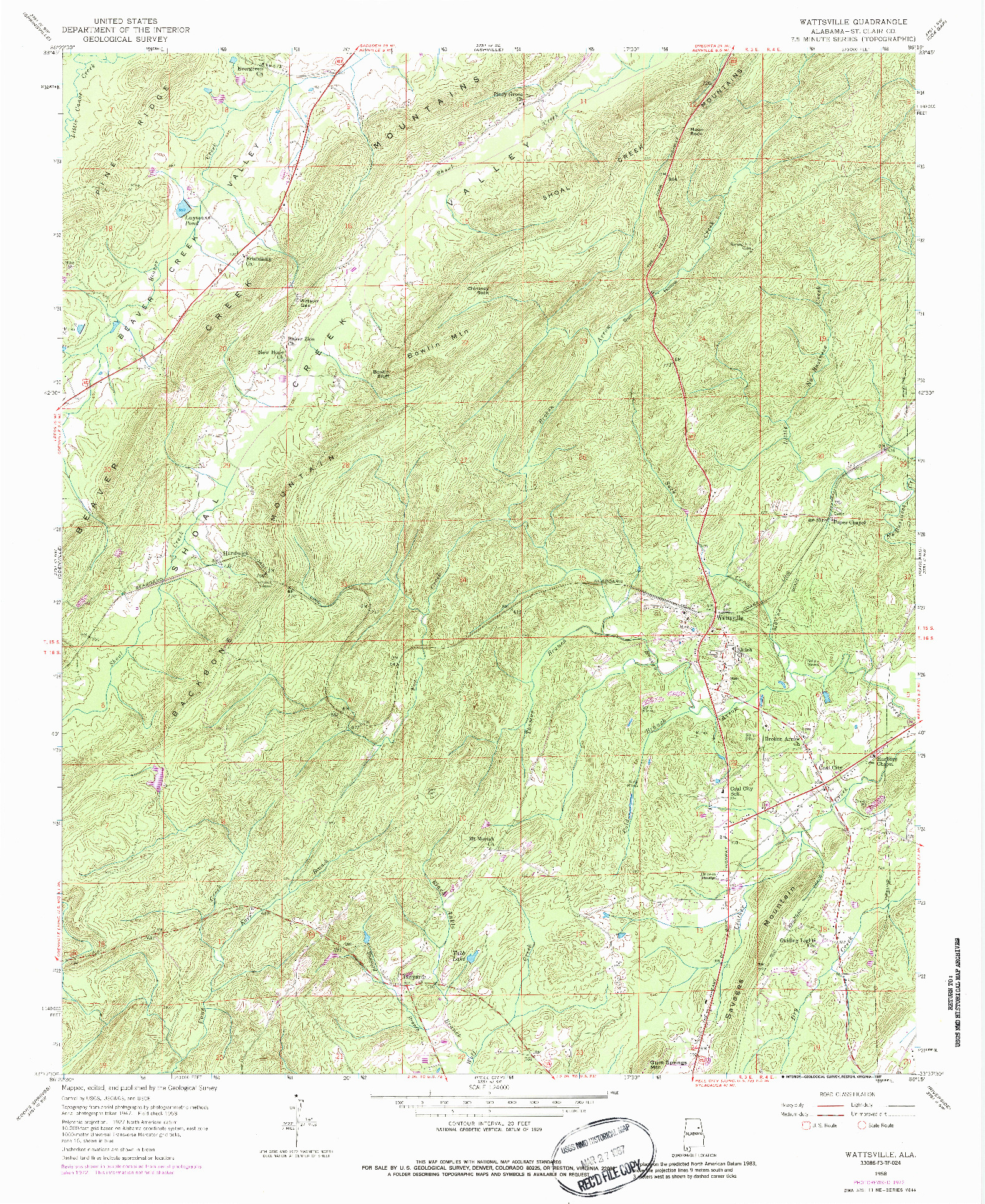 USGS 1:24000-SCALE QUADRANGLE FOR WATTSVILLE, AL 1958