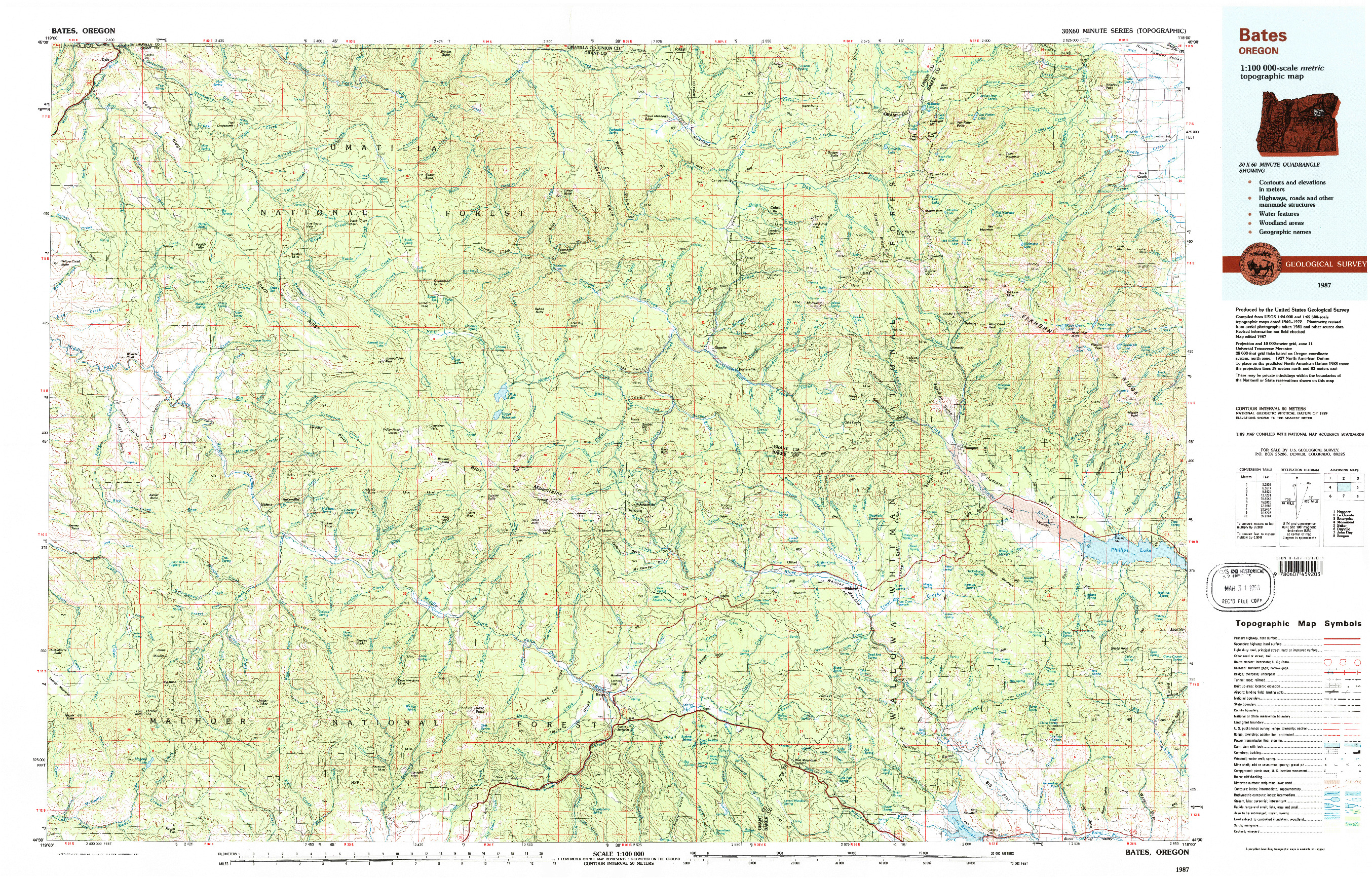 USGS 1:100000-SCALE QUADRANGLE FOR BATES, OR 1987