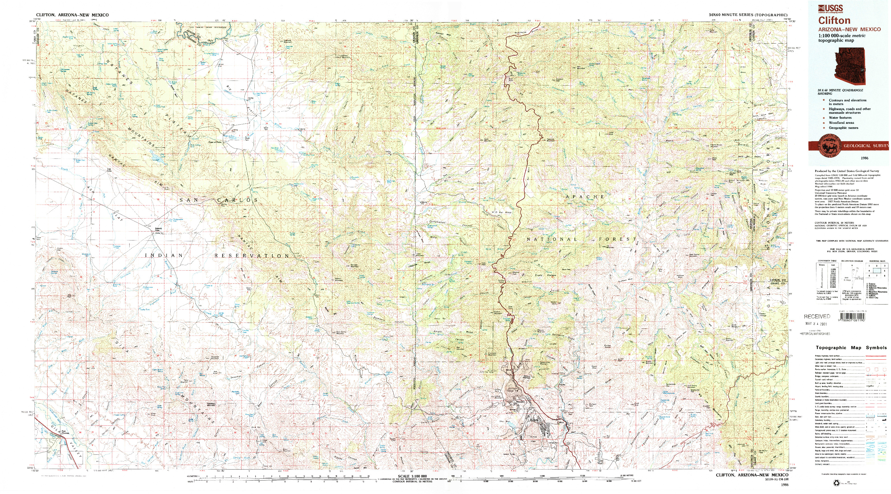 USGS 1:100000-SCALE QUADRANGLE FOR CLIFTON, AZ 1986