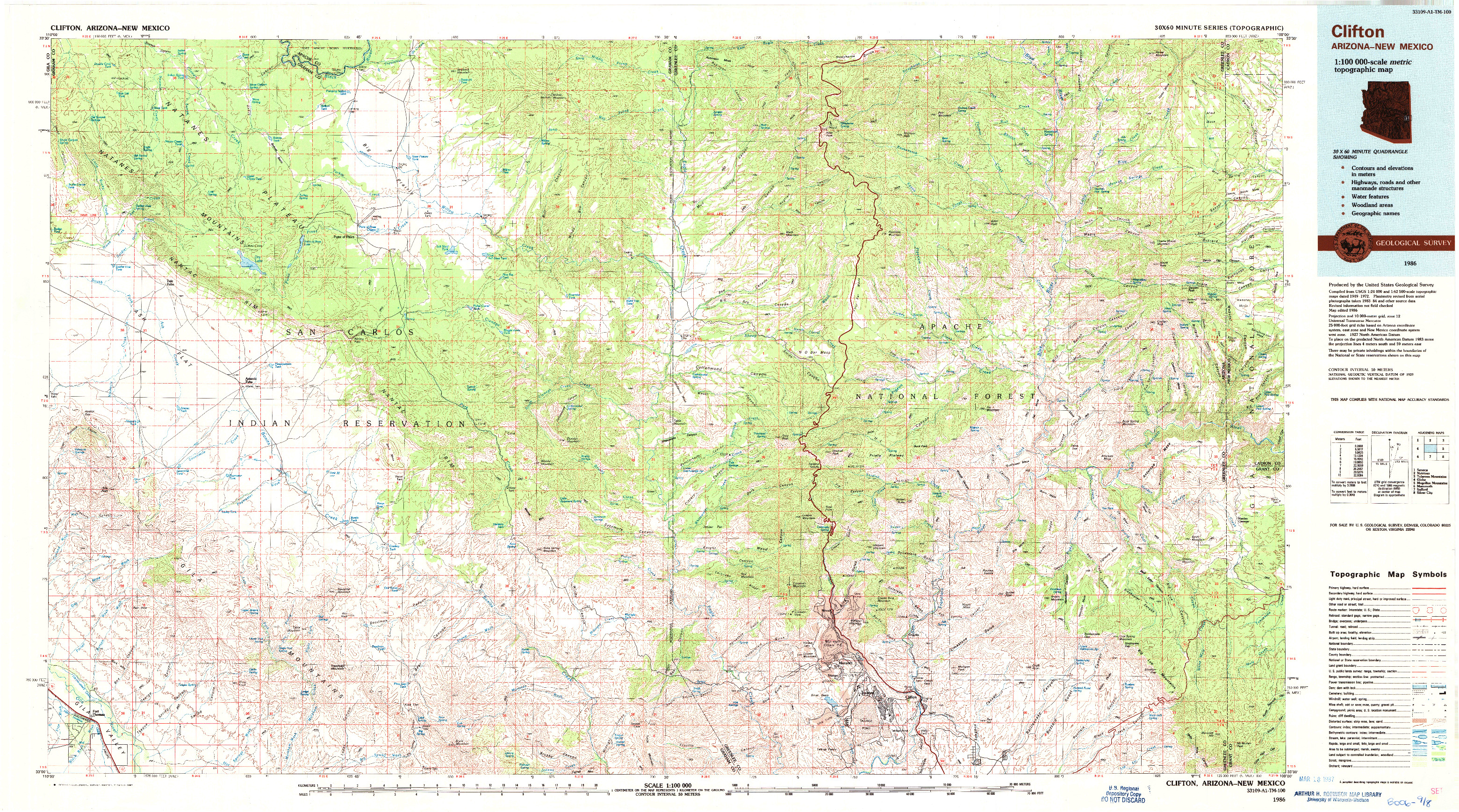USGS 1:100000-SCALE QUADRANGLE FOR CLIFTON, AZ 1986
