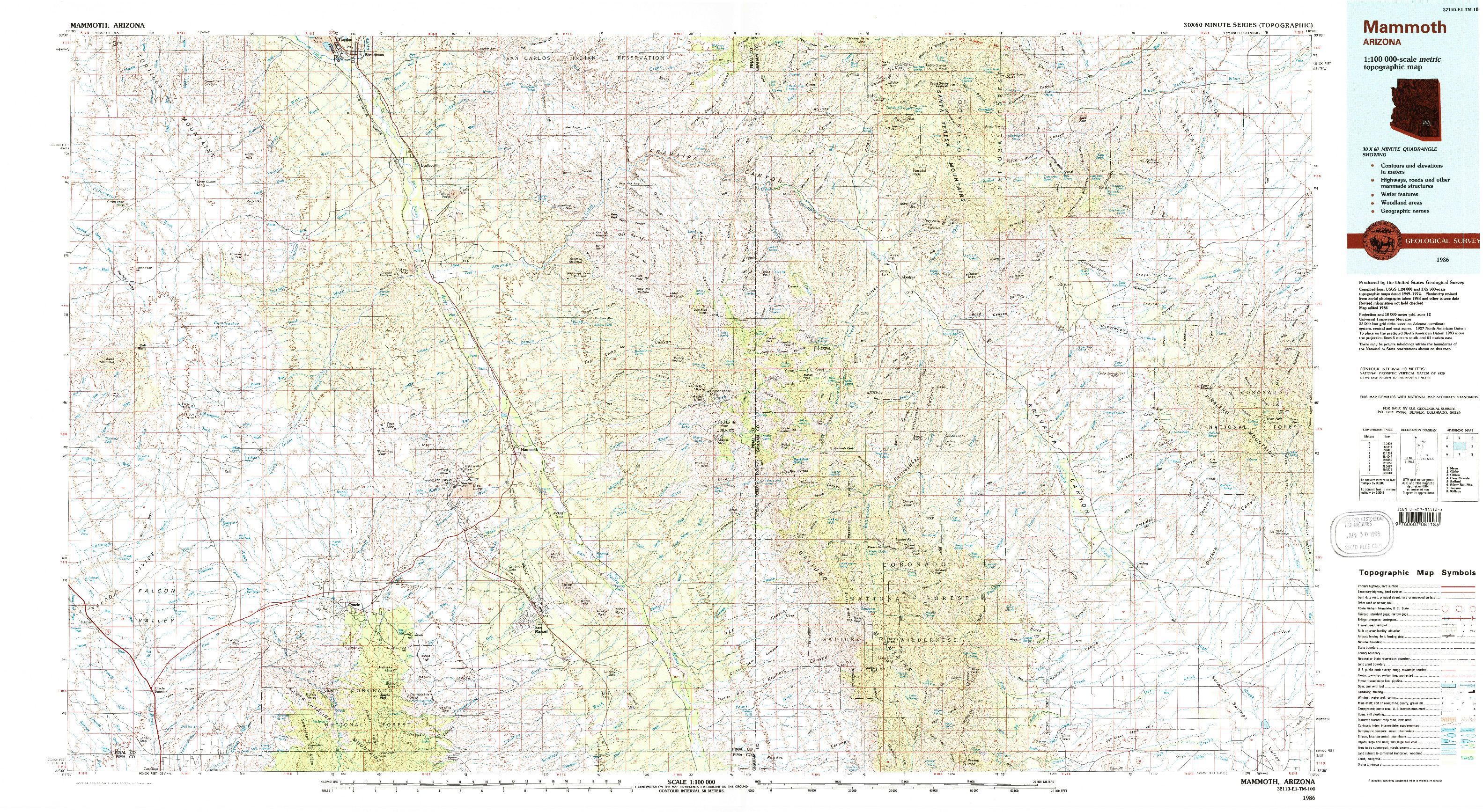 USGS 1:100000-SCALE QUADRANGLE FOR MAMMOTH, AZ 1986