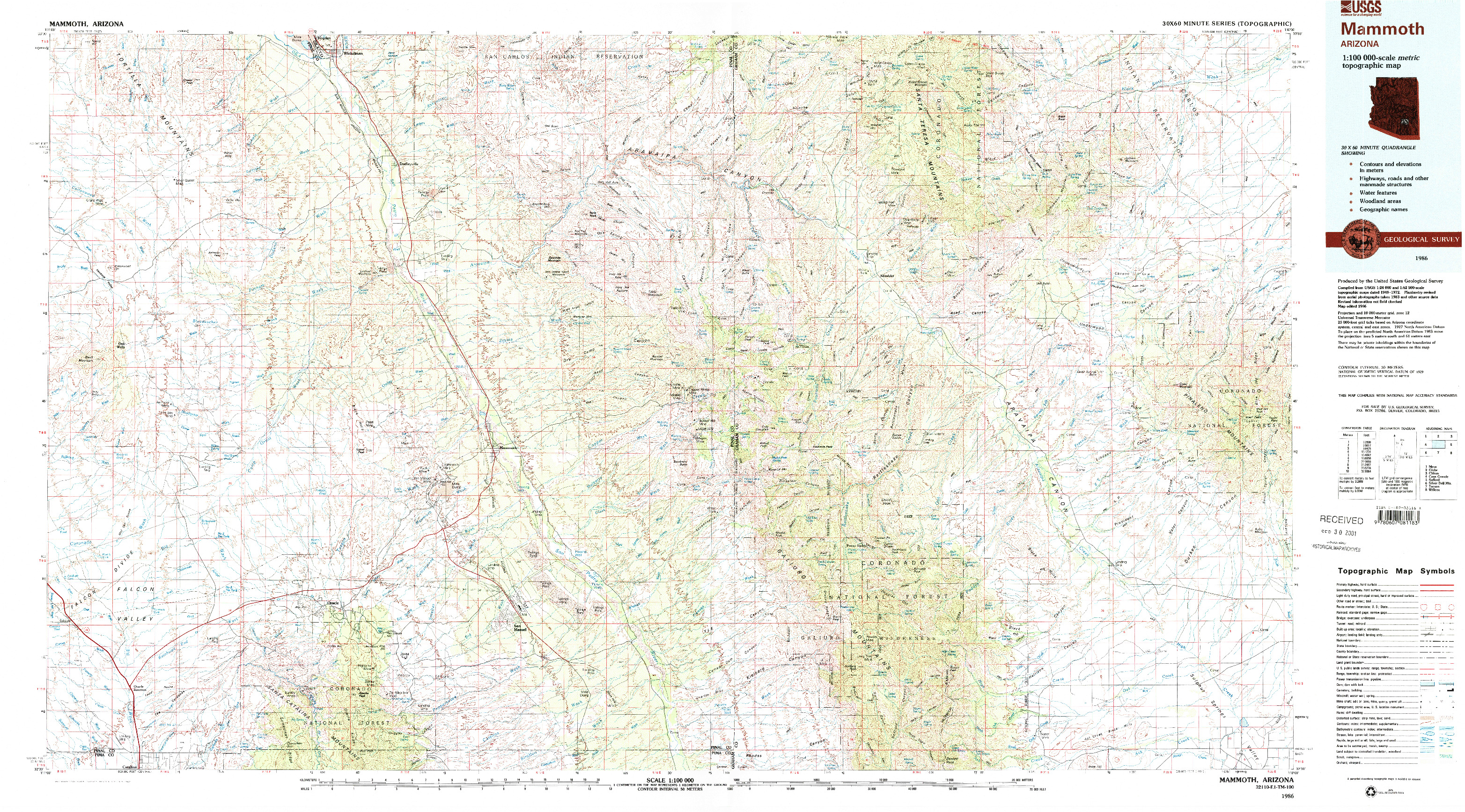 USGS 1:100000-SCALE QUADRANGLE FOR MAMMOTH, AZ 1986