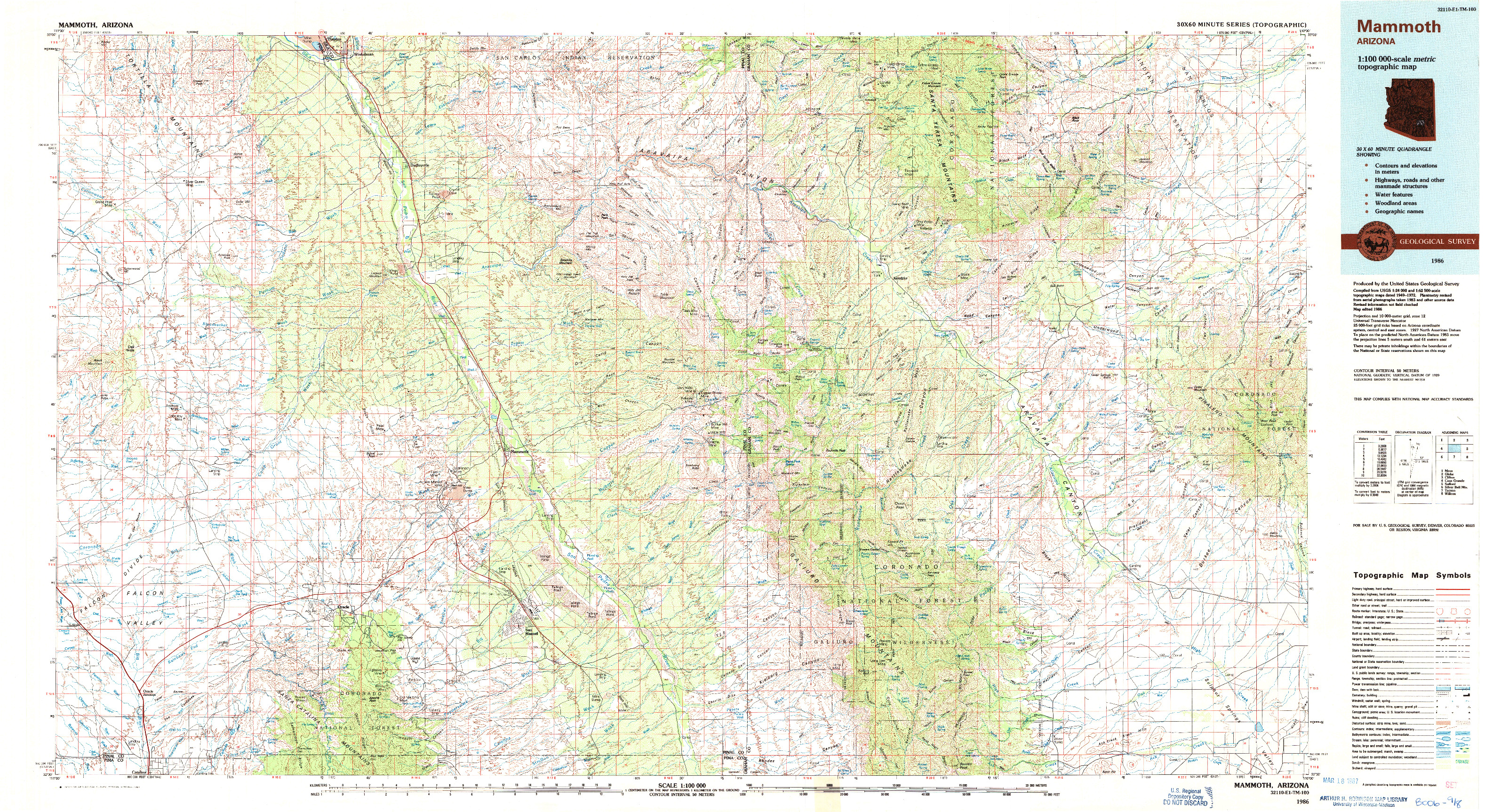 USGS 1:100000-SCALE QUADRANGLE FOR MAMMOTH, AZ 1986