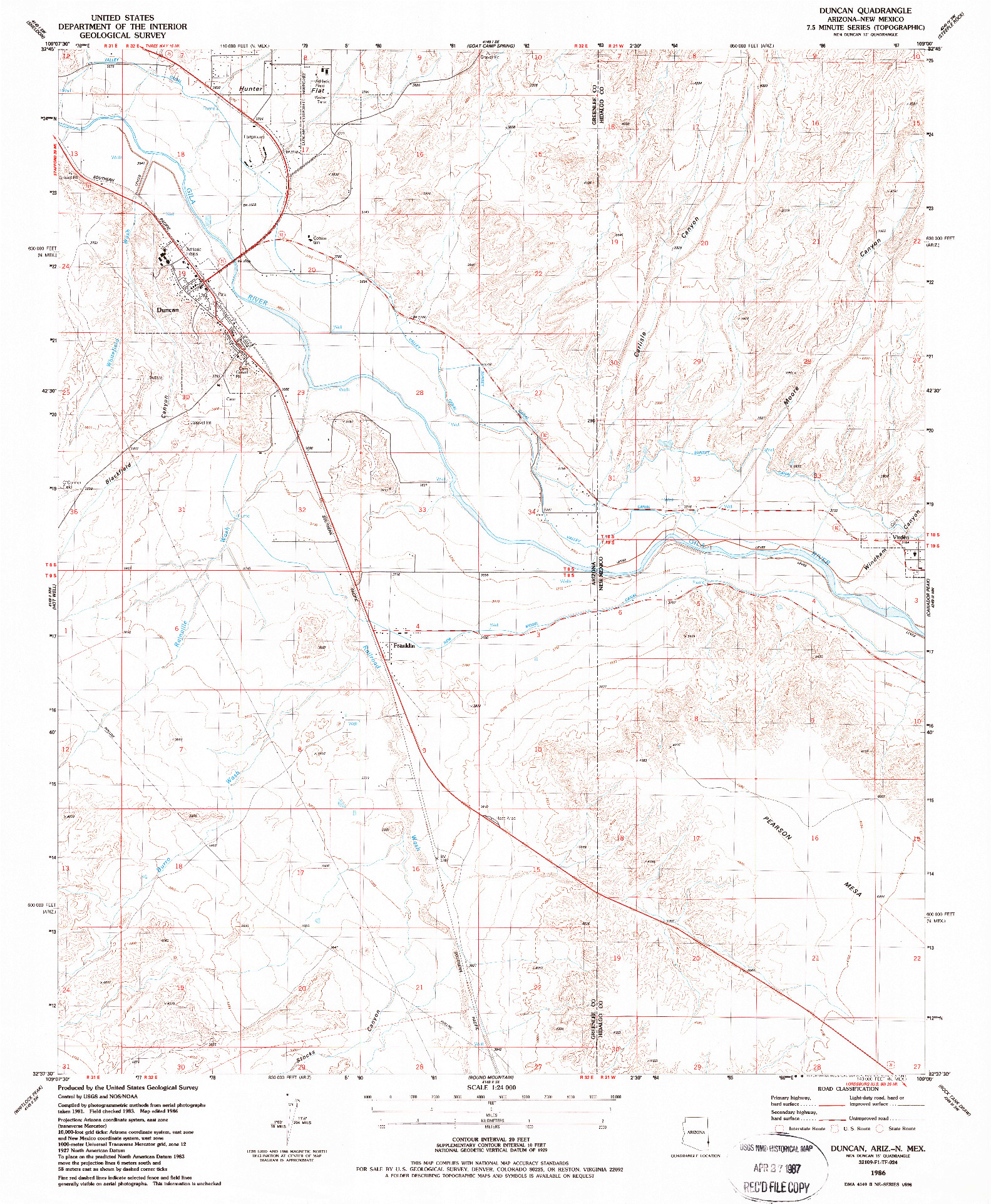 USGS 1:24000-SCALE QUADRANGLE FOR DUNCAN, AZ 1986