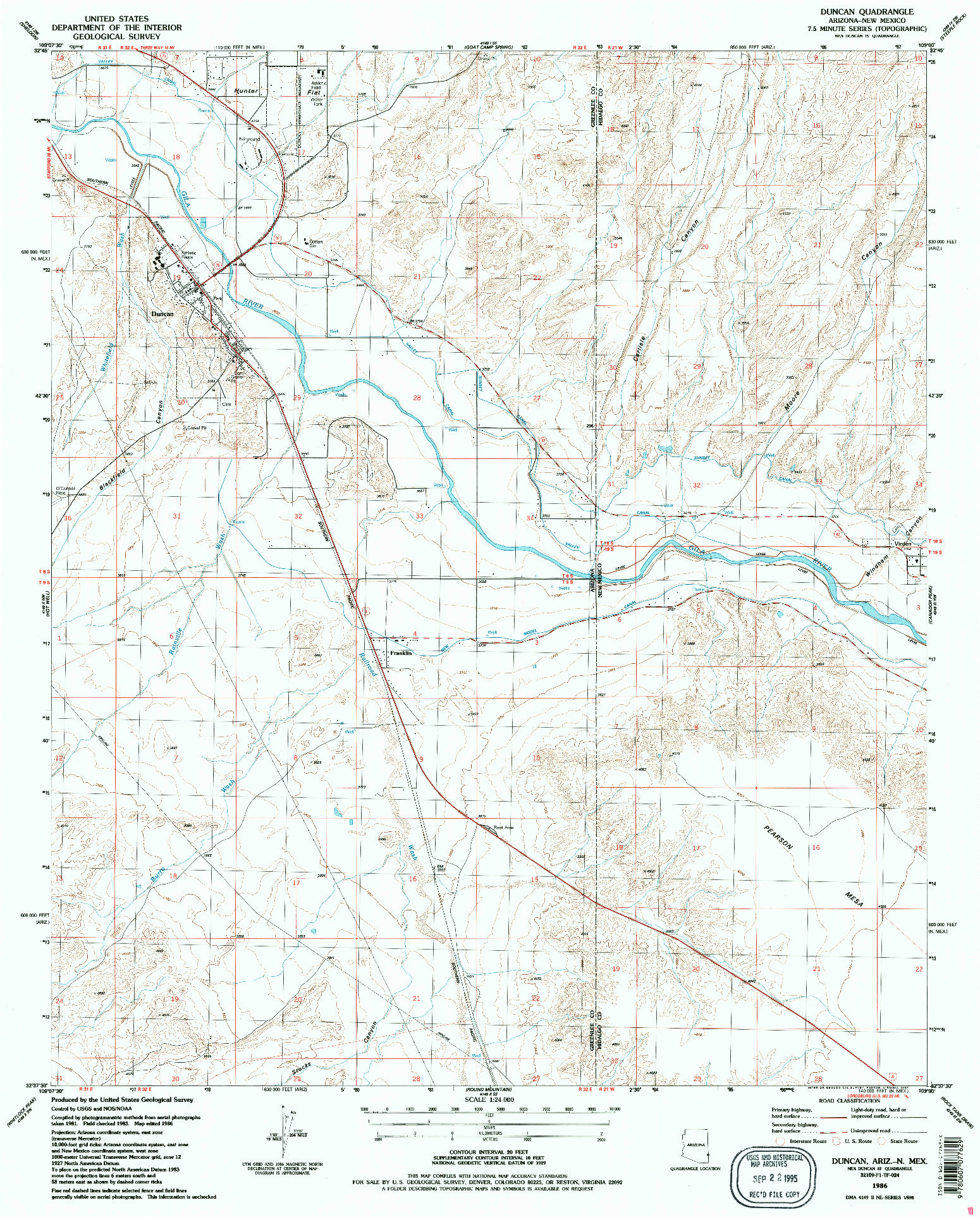 USGS 1:24000-SCALE QUADRANGLE FOR DUNCAN, AZ 1986