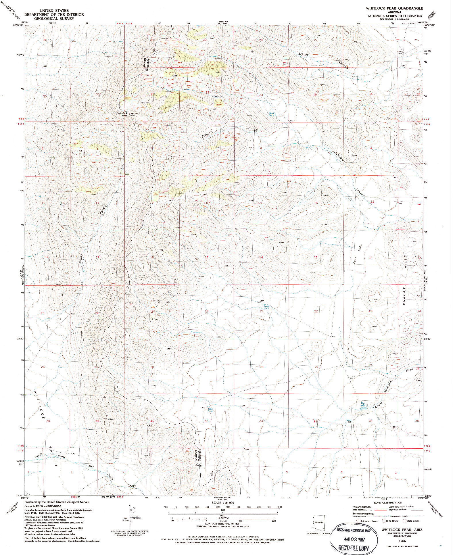 USGS 1:24000-SCALE QUADRANGLE FOR WHITLOCK PEAK, AZ 1986