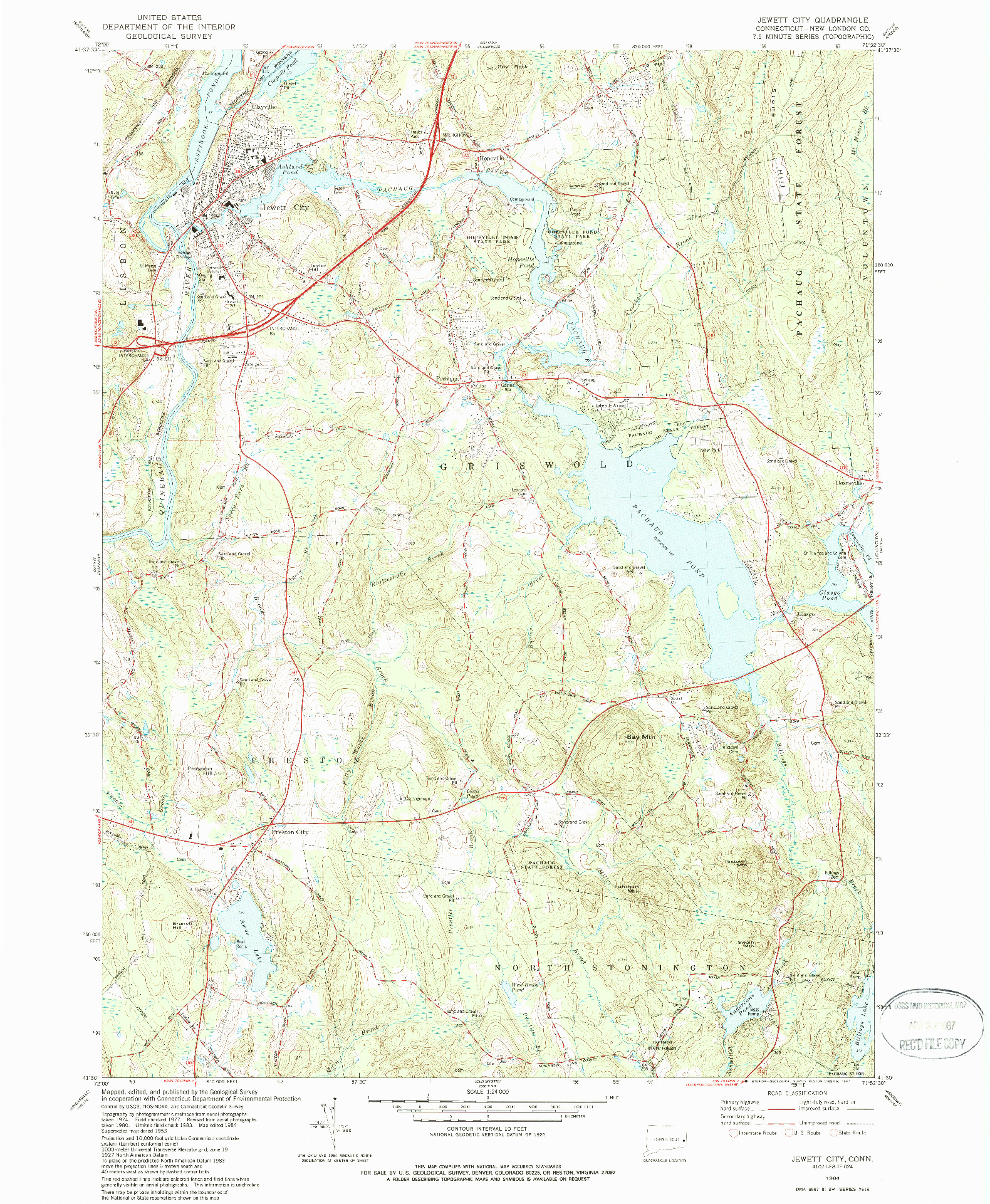 USGS 1:24000-SCALE QUADRANGLE FOR JEWETT CITY, CT 1984