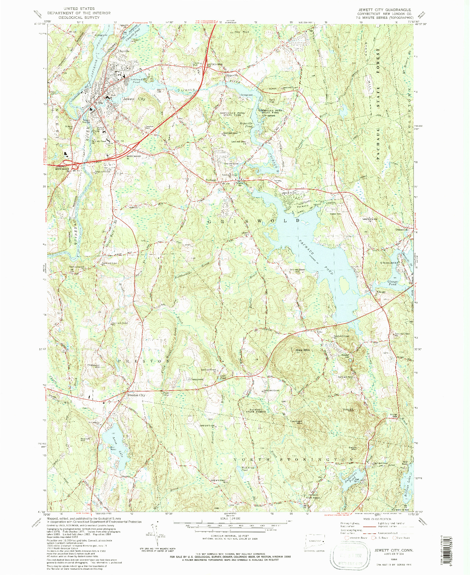 USGS 1:24000-SCALE QUADRANGLE FOR JEWETT CITY, CT 1984