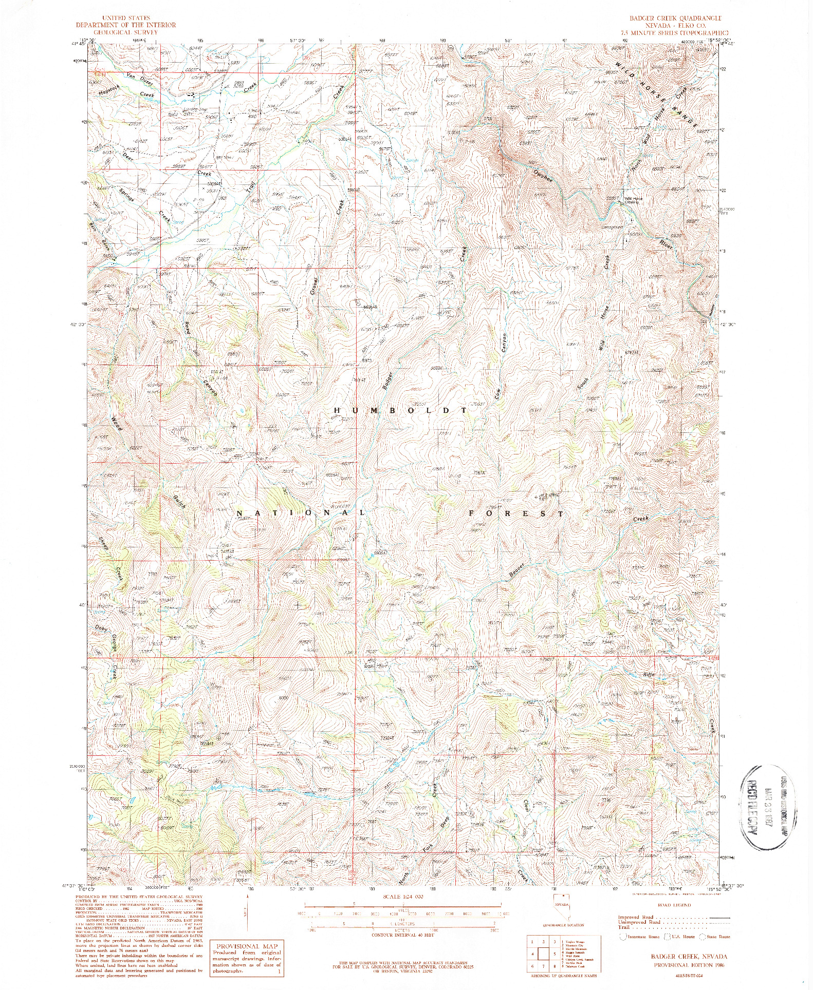 USGS 1:24000-SCALE QUADRANGLE FOR BADGER CREEK, NV 1986