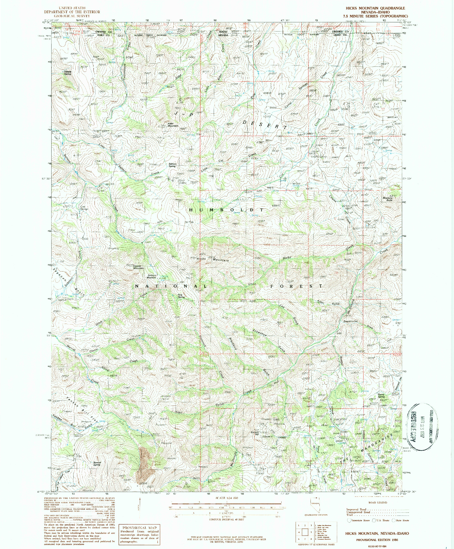 USGS 1:24000-SCALE QUADRANGLE FOR HICKS MOUNTAIN, NV 1986