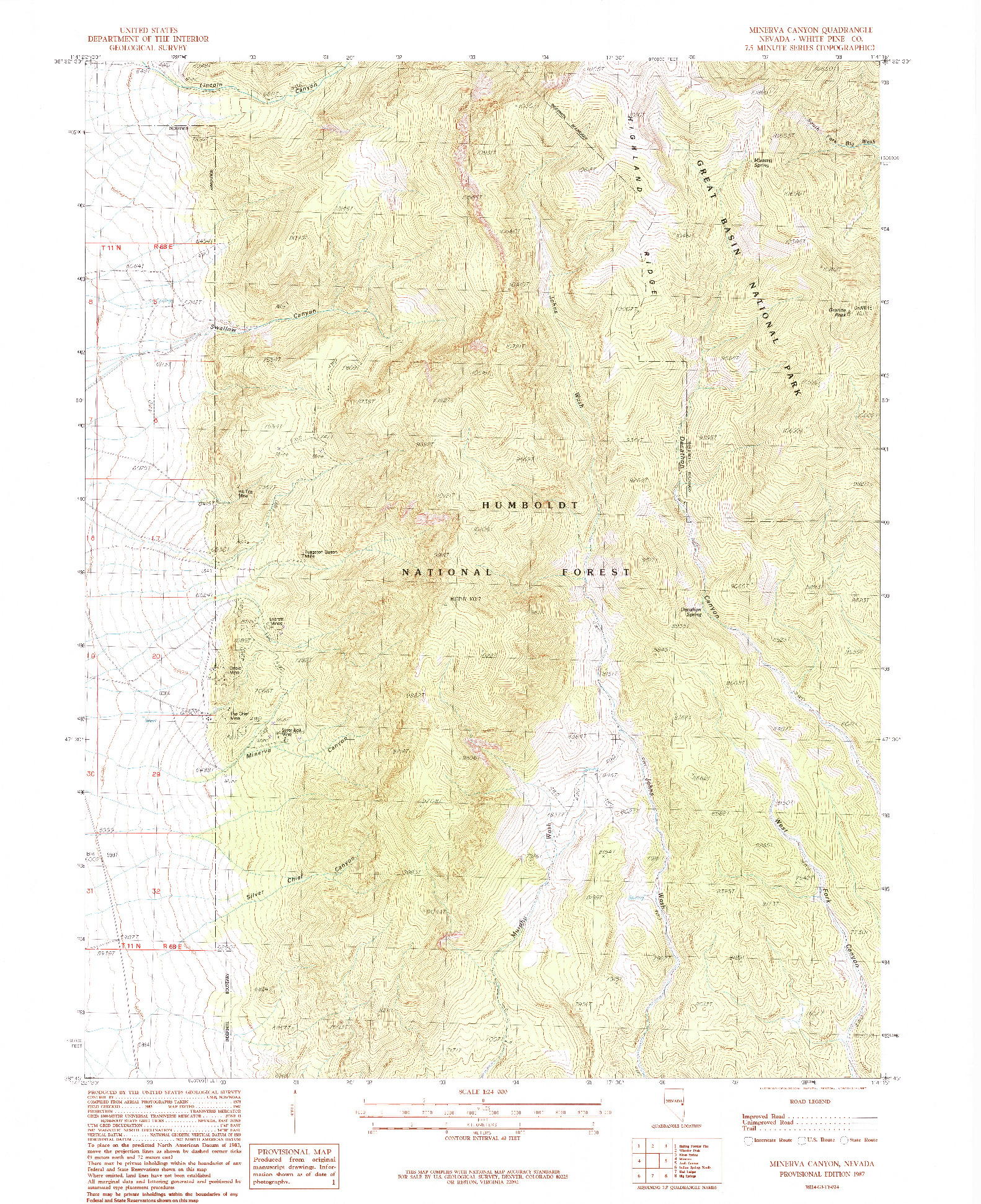 USGS 1:24000-SCALE QUADRANGLE FOR MINERVA CANYON, NV 1987