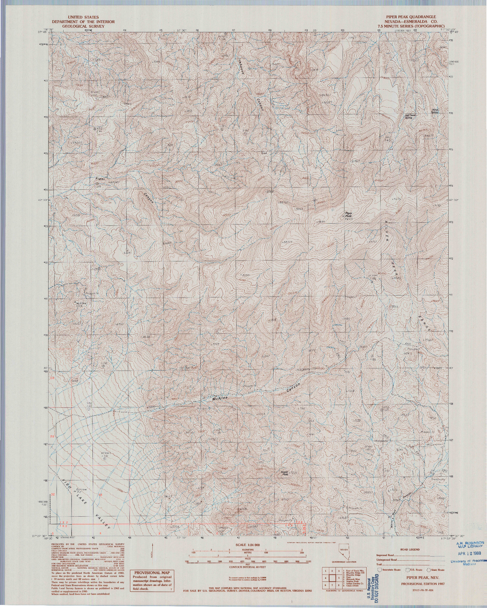 USGS 1:24000-SCALE QUADRANGLE FOR PIPER PEAK, NV 1987