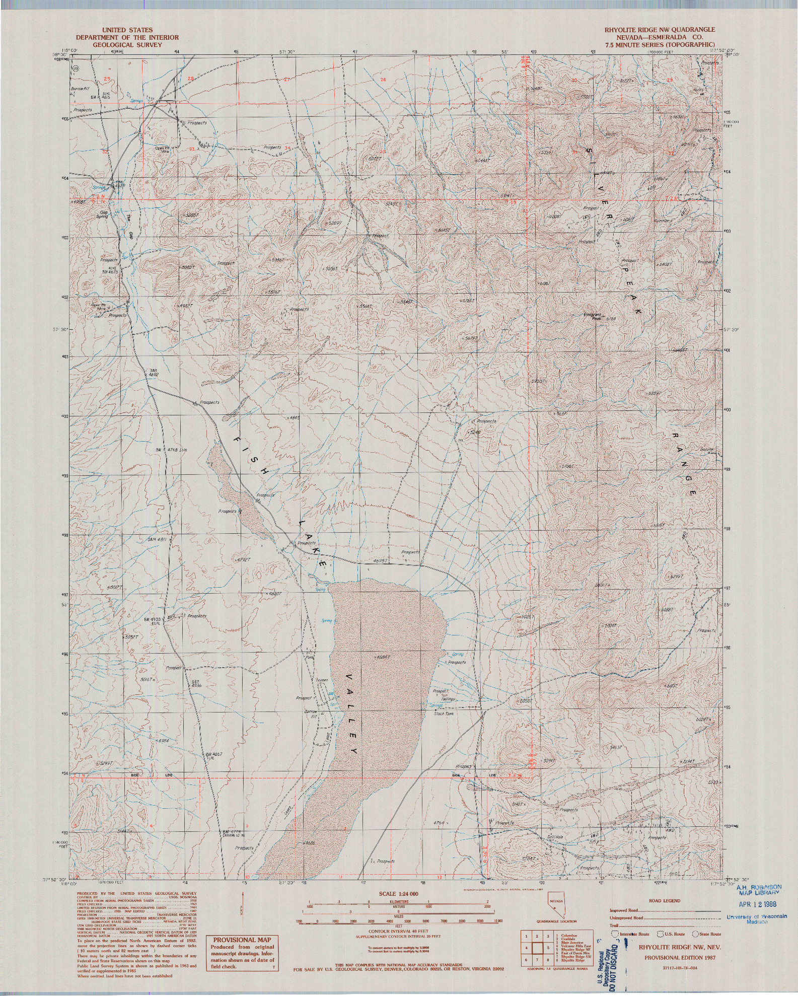 USGS 1:24000-SCALE QUADRANGLE FOR RHYOLITE RIDGE NW, NV 1987