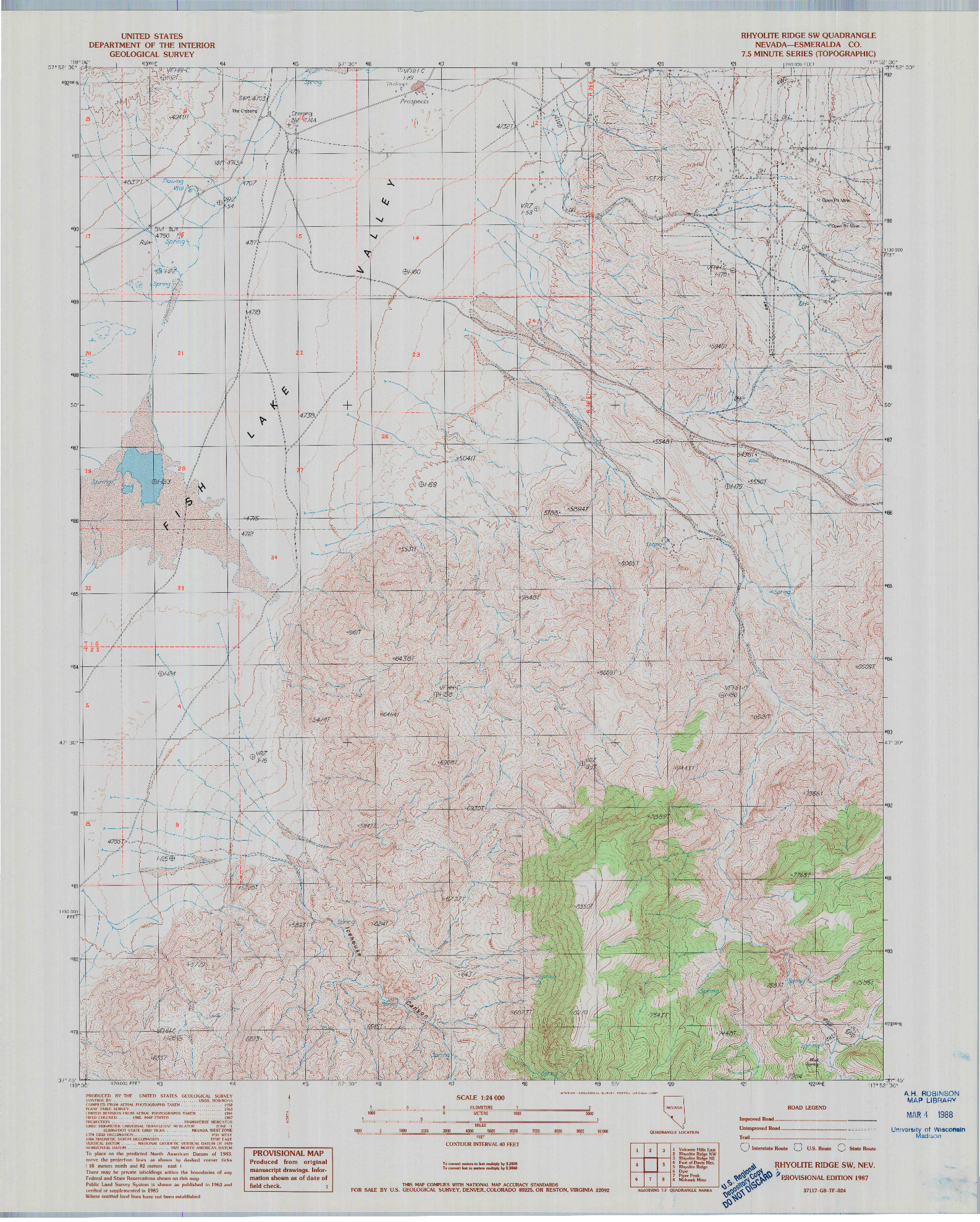 USGS 1:24000-SCALE QUADRANGLE FOR RHYOLITE RIDGE SW, NV 1987