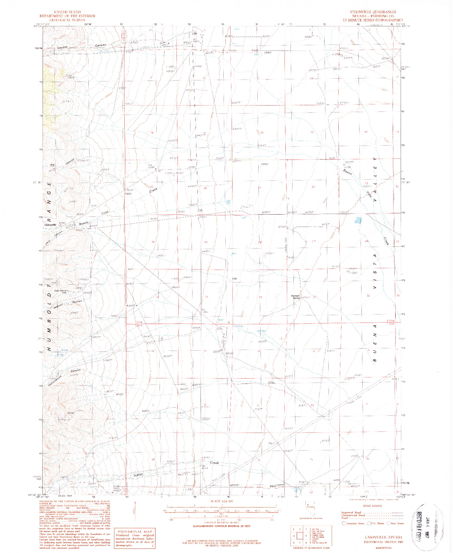USGS 1:24000-SCALE QUADRANGLE FOR UNIONVILLE, NV 1987
