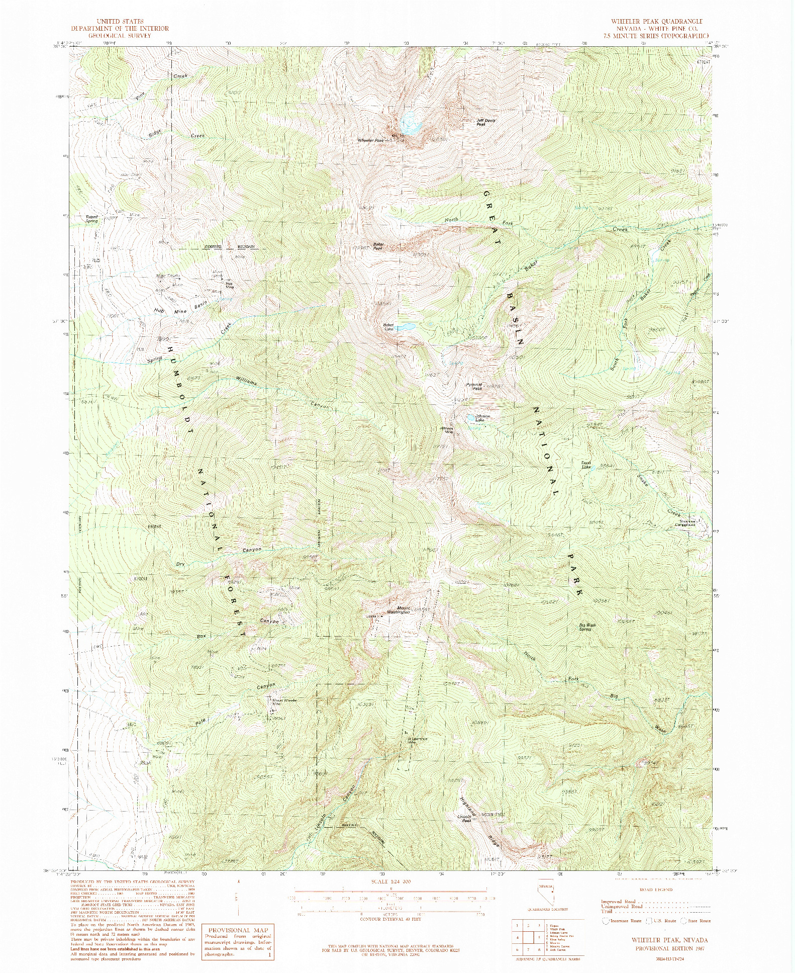 USGS 1:24000-SCALE QUADRANGLE FOR WHEELER PEAK, NV 1987
