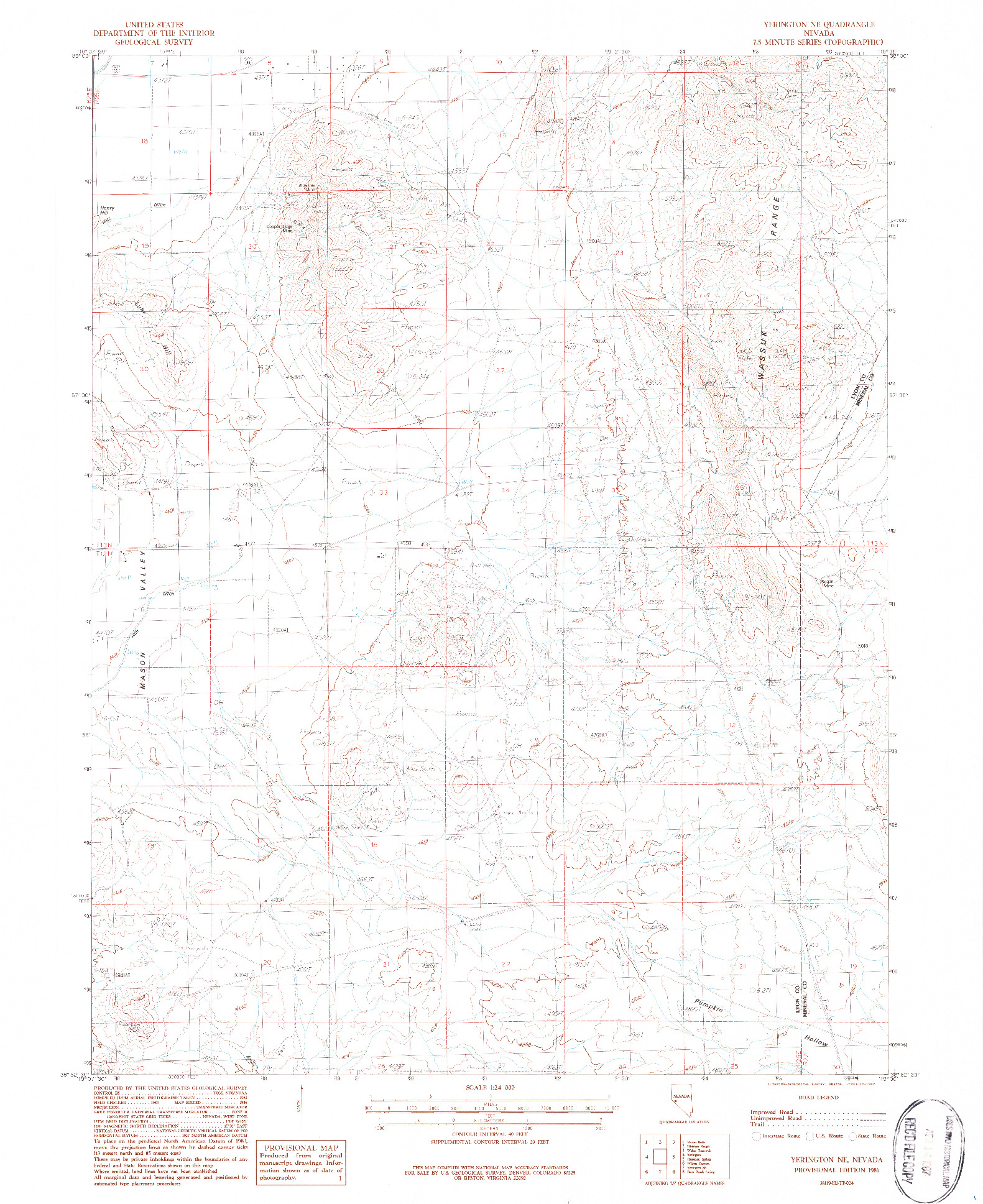 USGS 1:24000-SCALE QUADRANGLE FOR YERINGTON NE, NV 1986