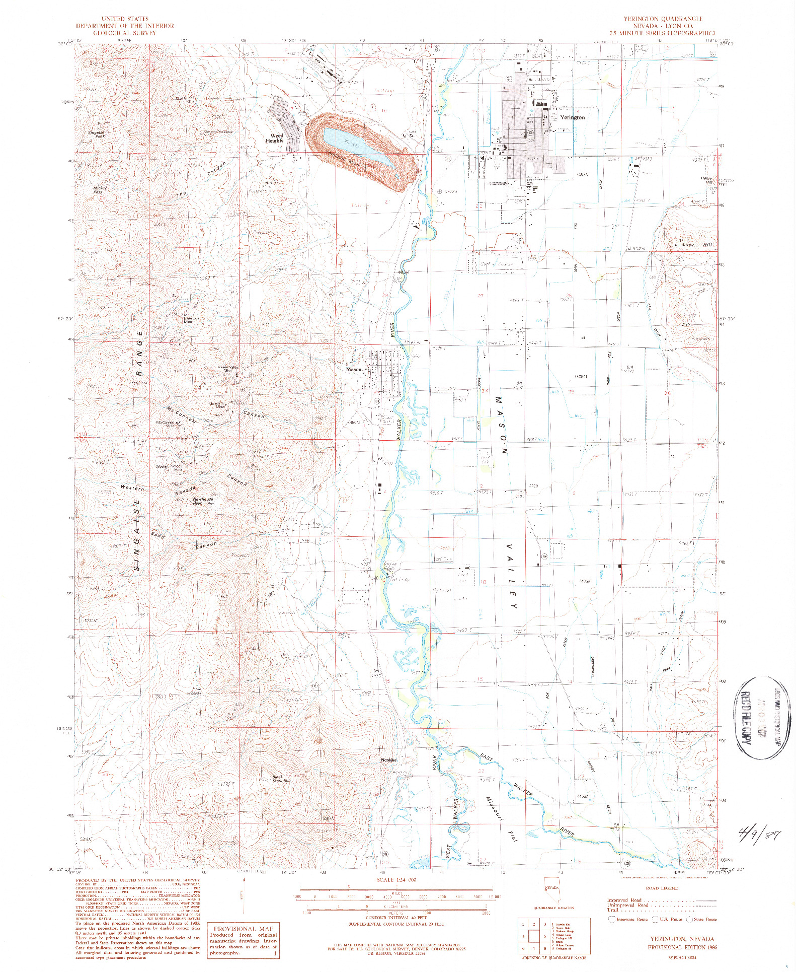 USGS 1:24000-SCALE QUADRANGLE FOR YERINGTON, NV 1986