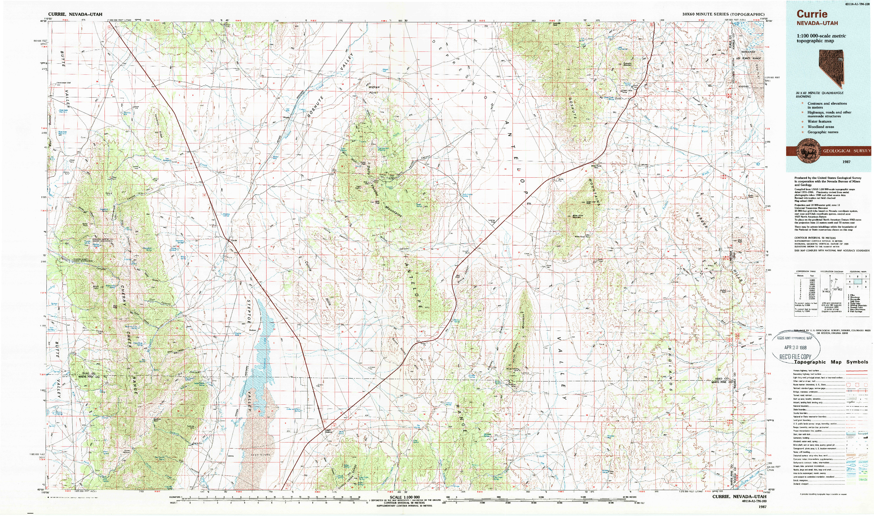 USGS 1:100000-SCALE QUADRANGLE FOR CURRIE, NV 1987