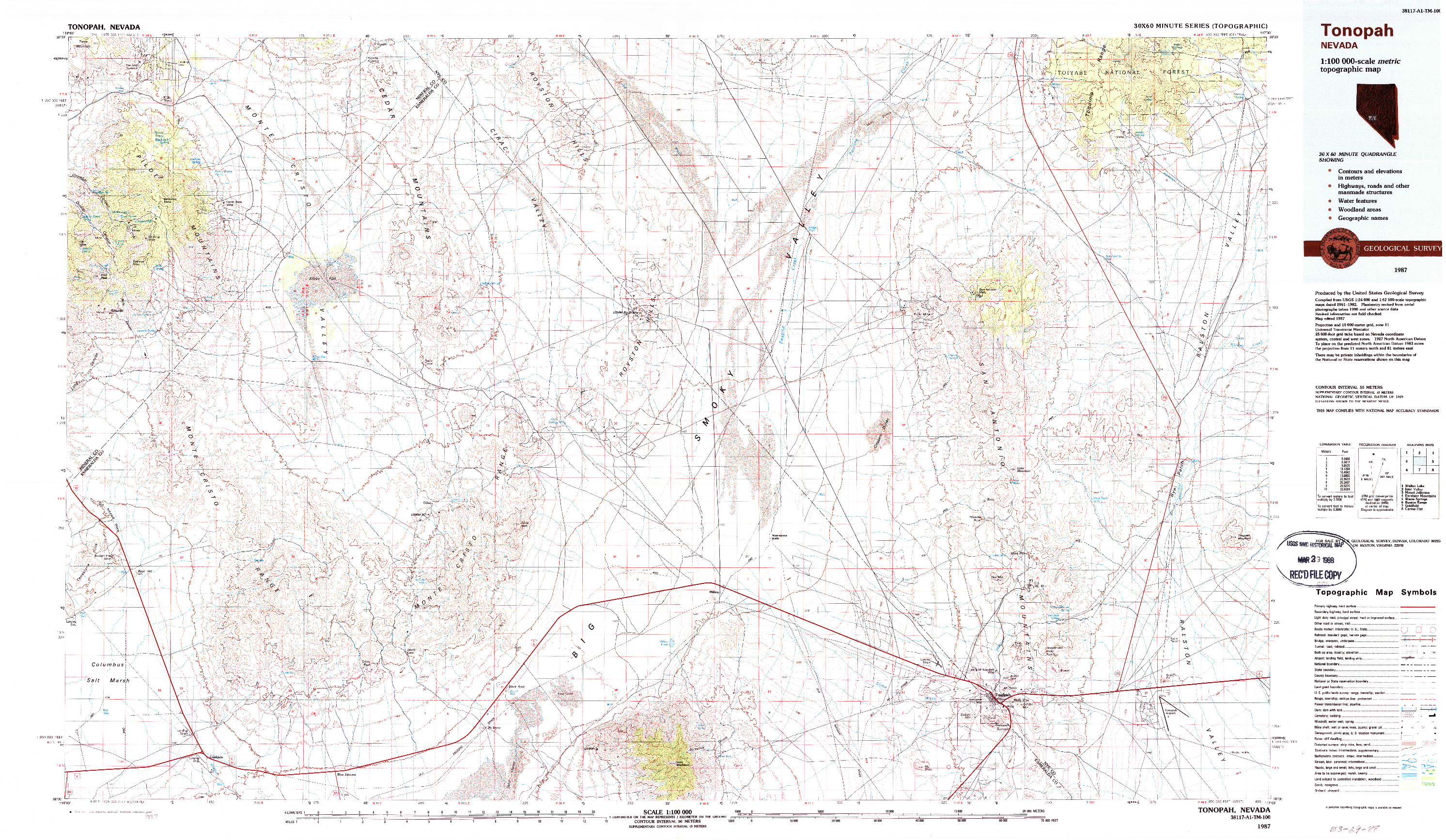 USGS 1:100000-SCALE QUADRANGLE FOR TONOPAH, NV 1987