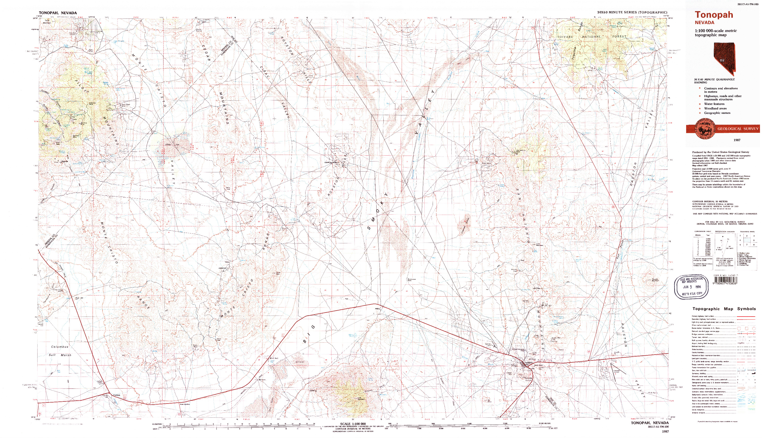 USGS 1:100000-SCALE QUADRANGLE FOR TONOPAH, NV 1987