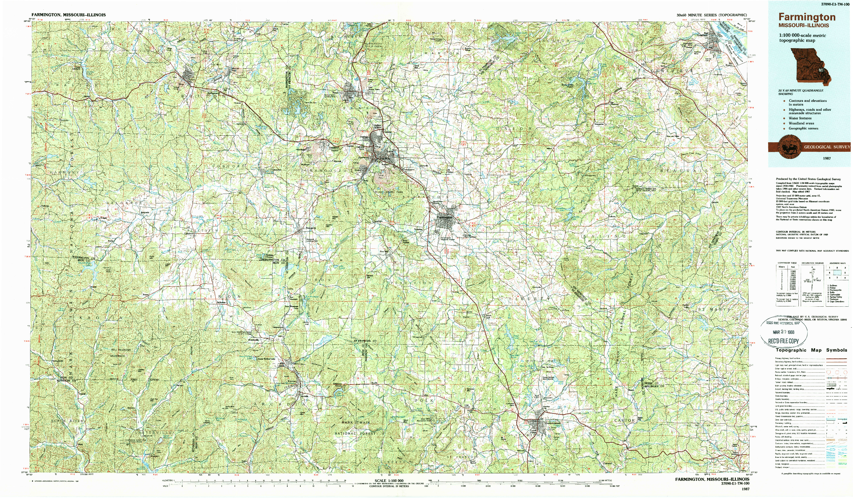 USGS 1:100000-SCALE QUADRANGLE FOR FARMINGTON, MO 1987