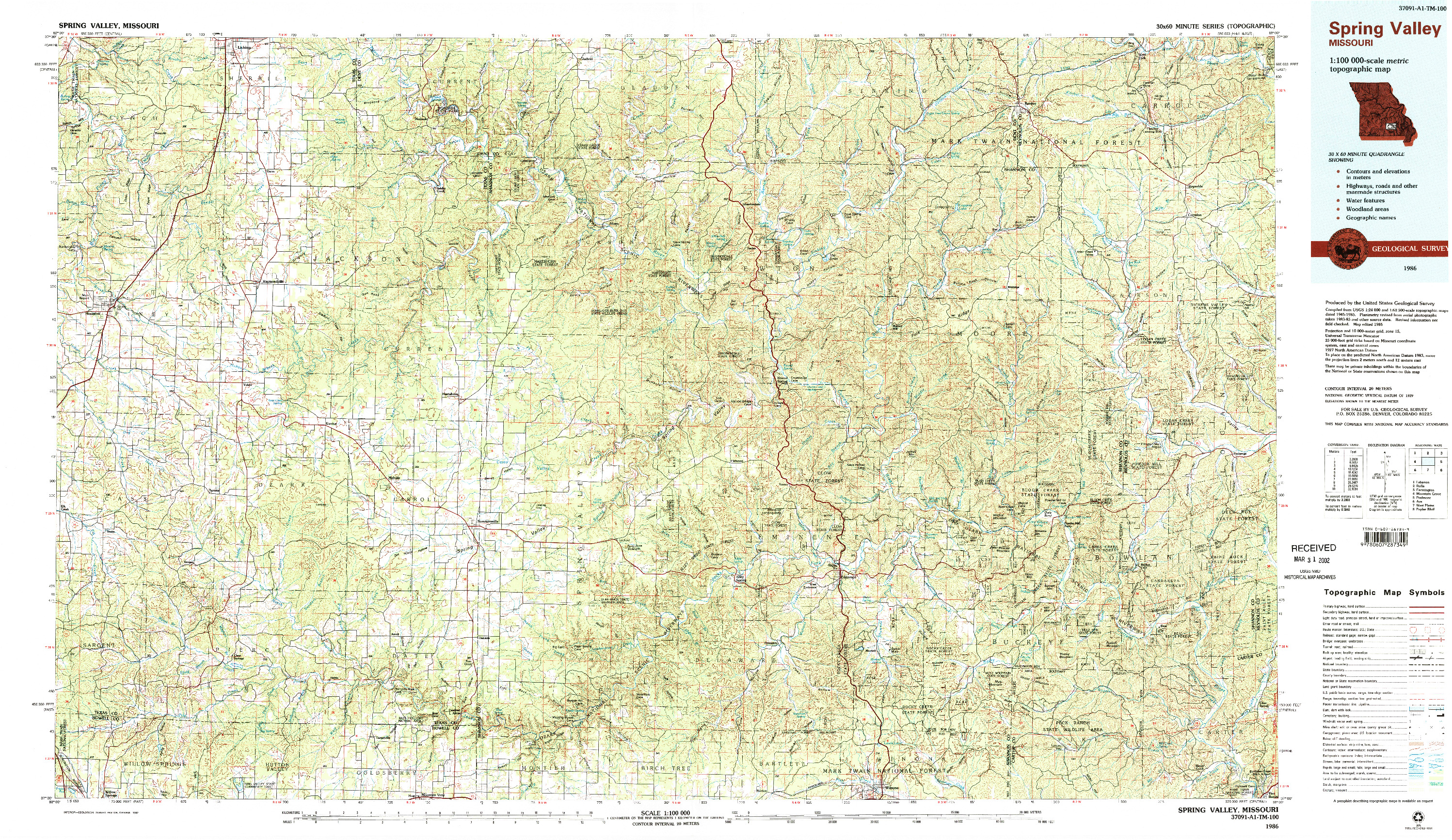 USGS 1:100000-SCALE QUADRANGLE FOR SPRING VALLEY, MO 1986