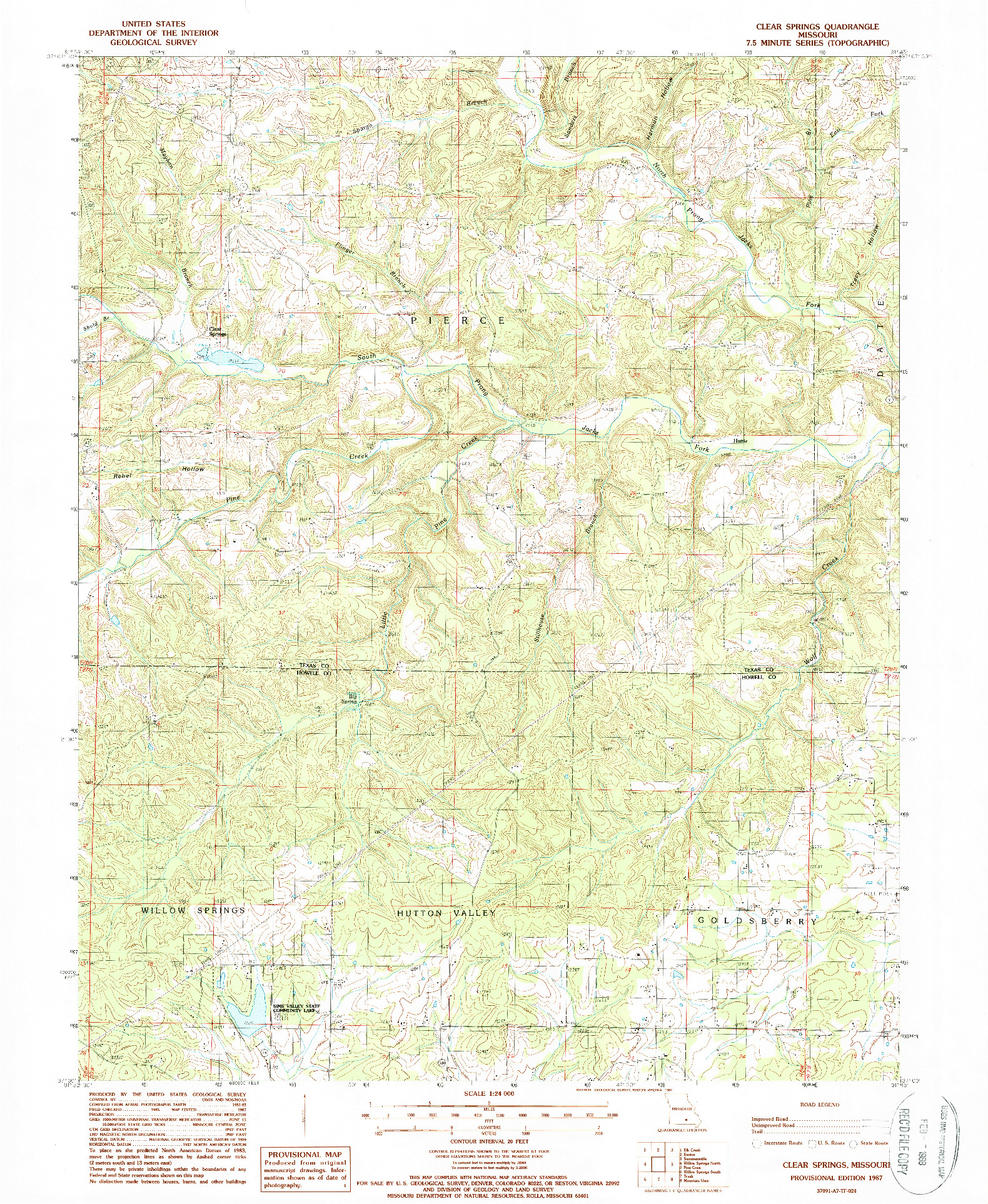 USGS 1:24000-SCALE QUADRANGLE FOR CLEAR SPRINGS, MO 1987