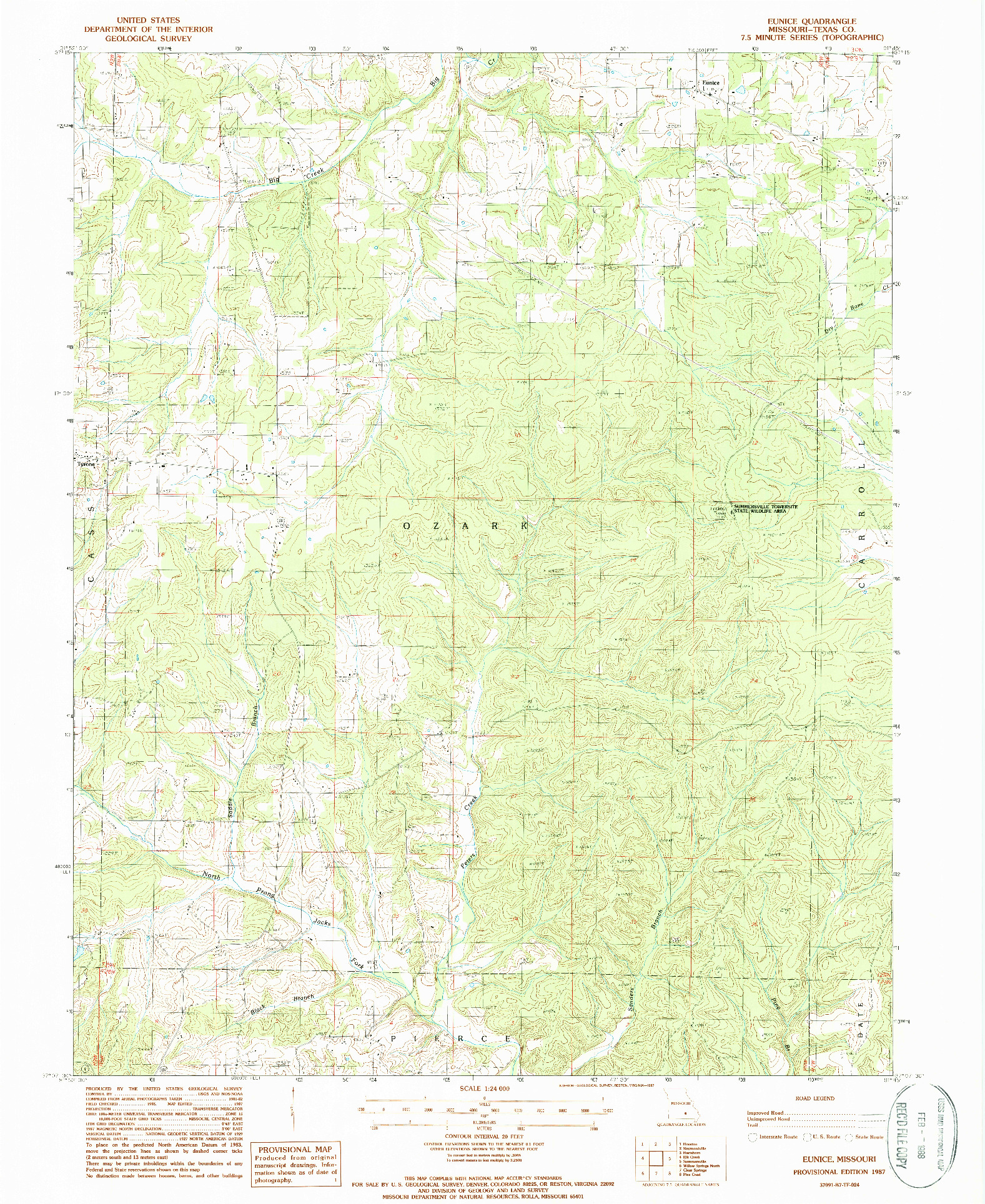 USGS 1:24000-SCALE QUADRANGLE FOR EUNICE, MO 1987