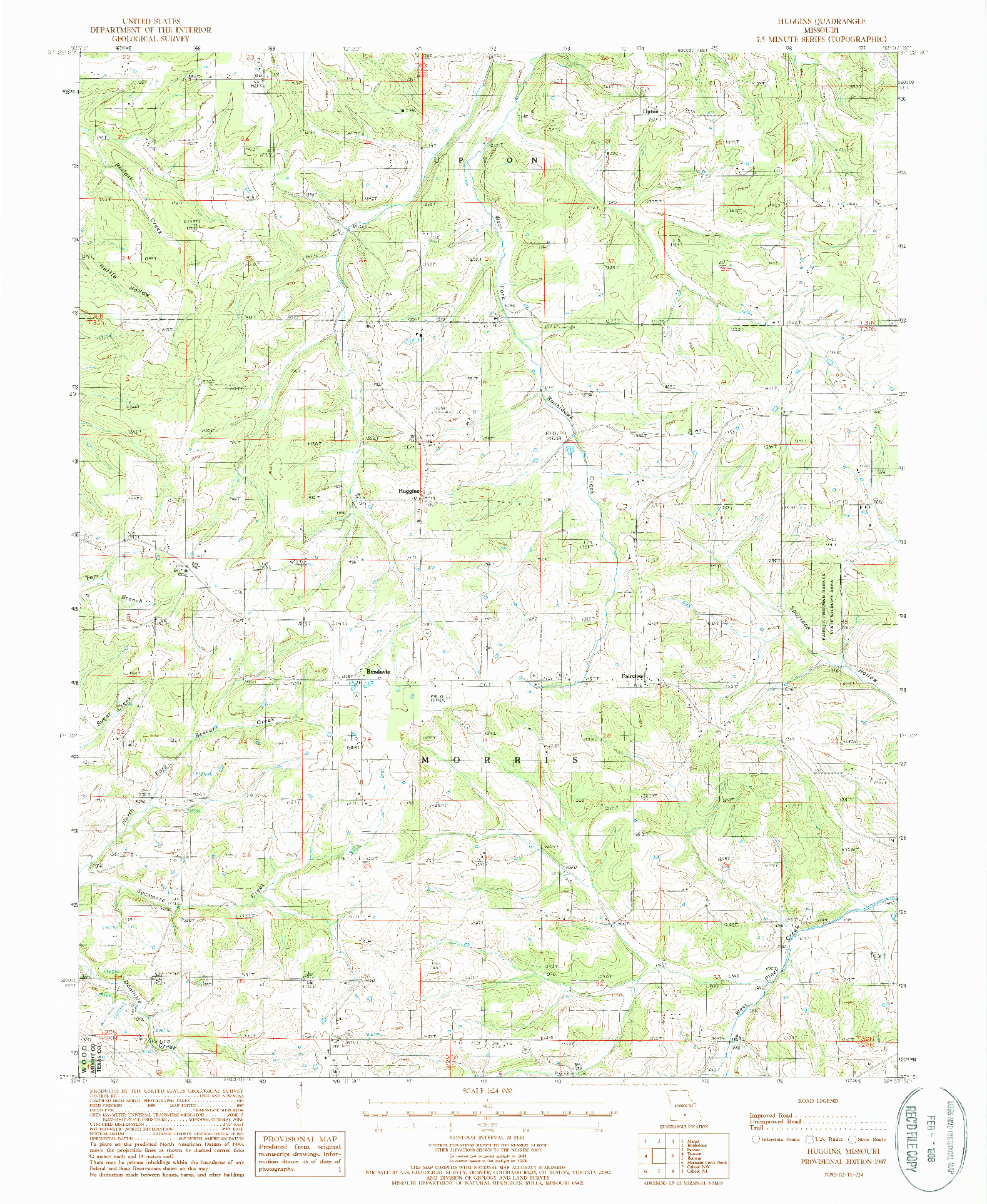 USGS 1:24000-SCALE QUADRANGLE FOR HUGGINS, MO 1987